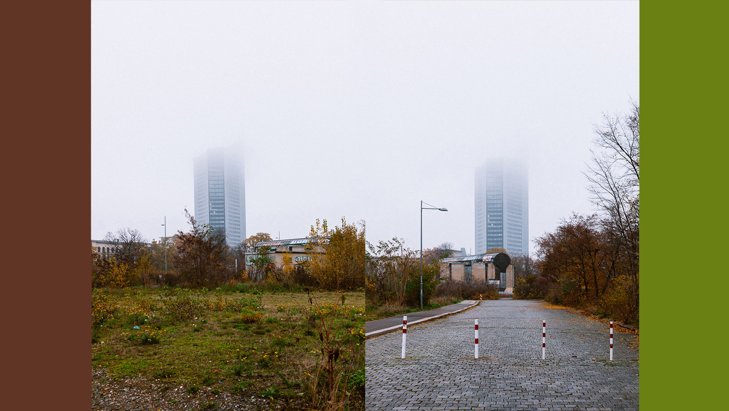 City-Hochhaus mit Nebel_diptych in Winter