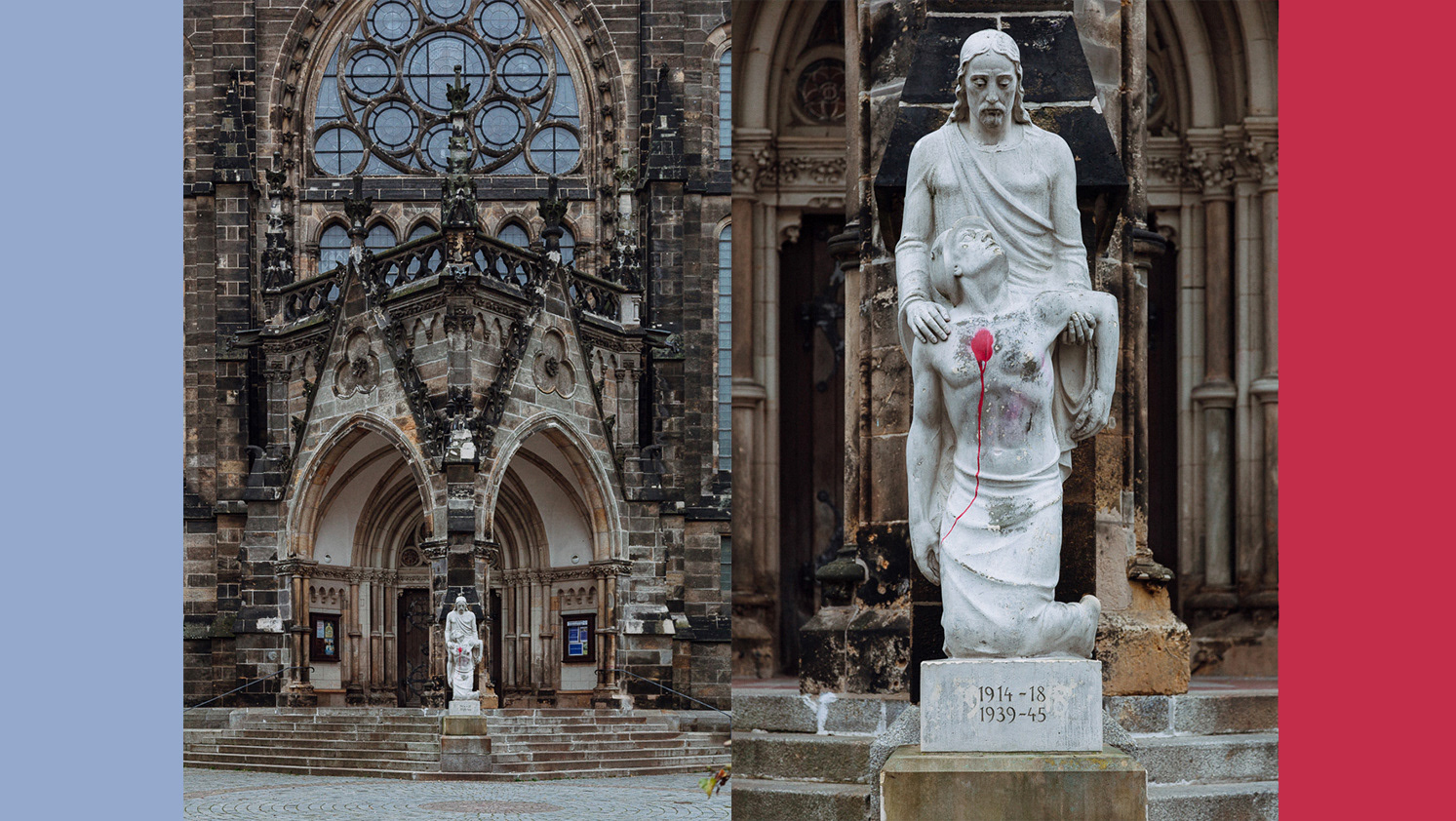 Alte Peterskirche’s Hauptportal with WW I and WW II Monument ( Kriegerdenkmal) by Max Alfred Brumme.
