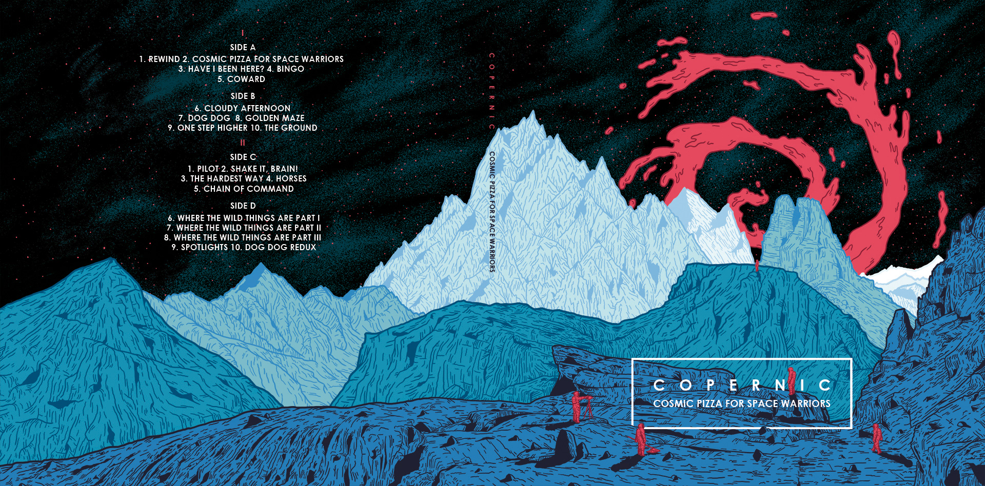 Full artwork for the Copernic's double LP. Moutains and tomato sauce in the sky