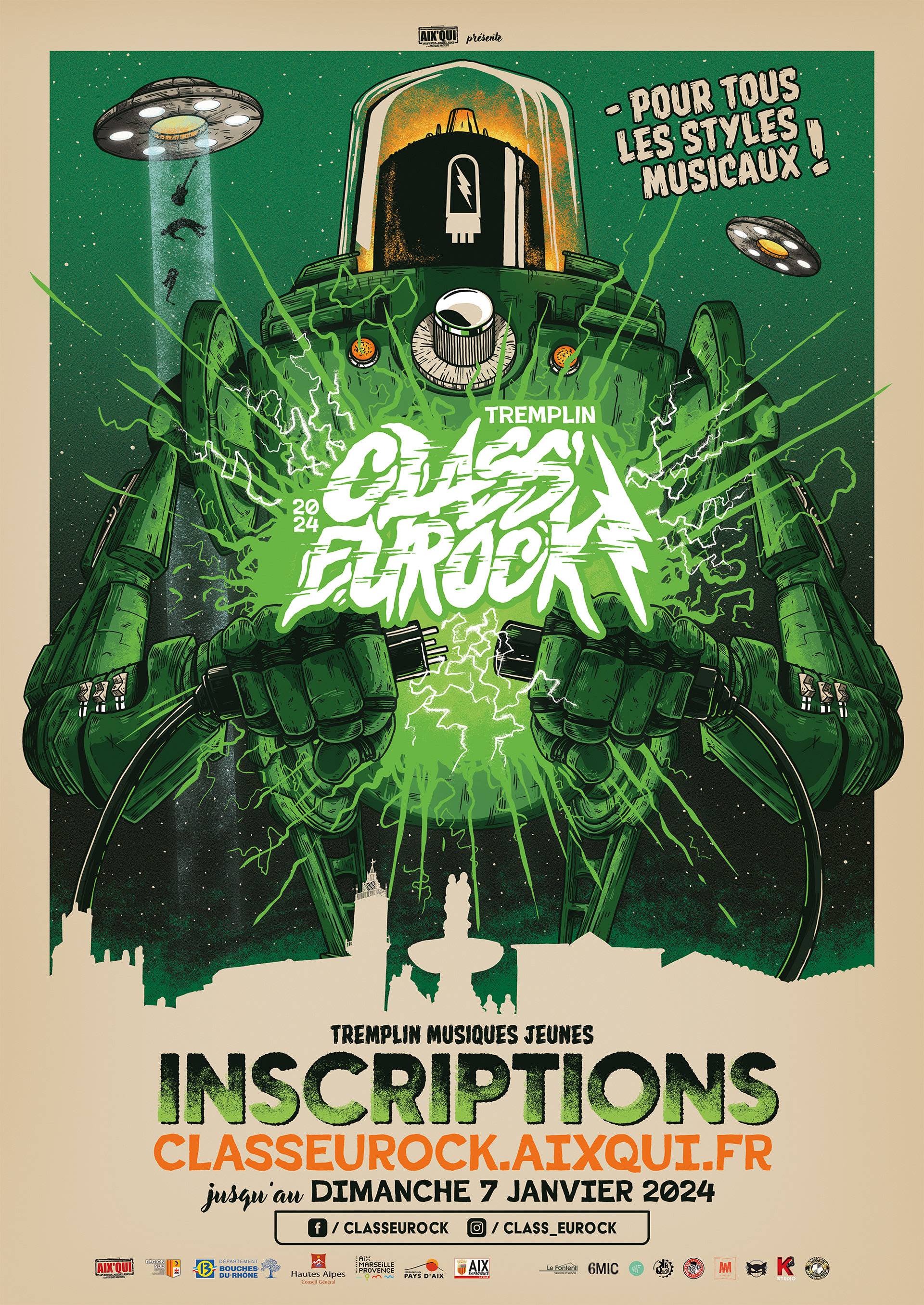 Class'Eurock 2024 poster. Robots attack Aix en Provence to make music