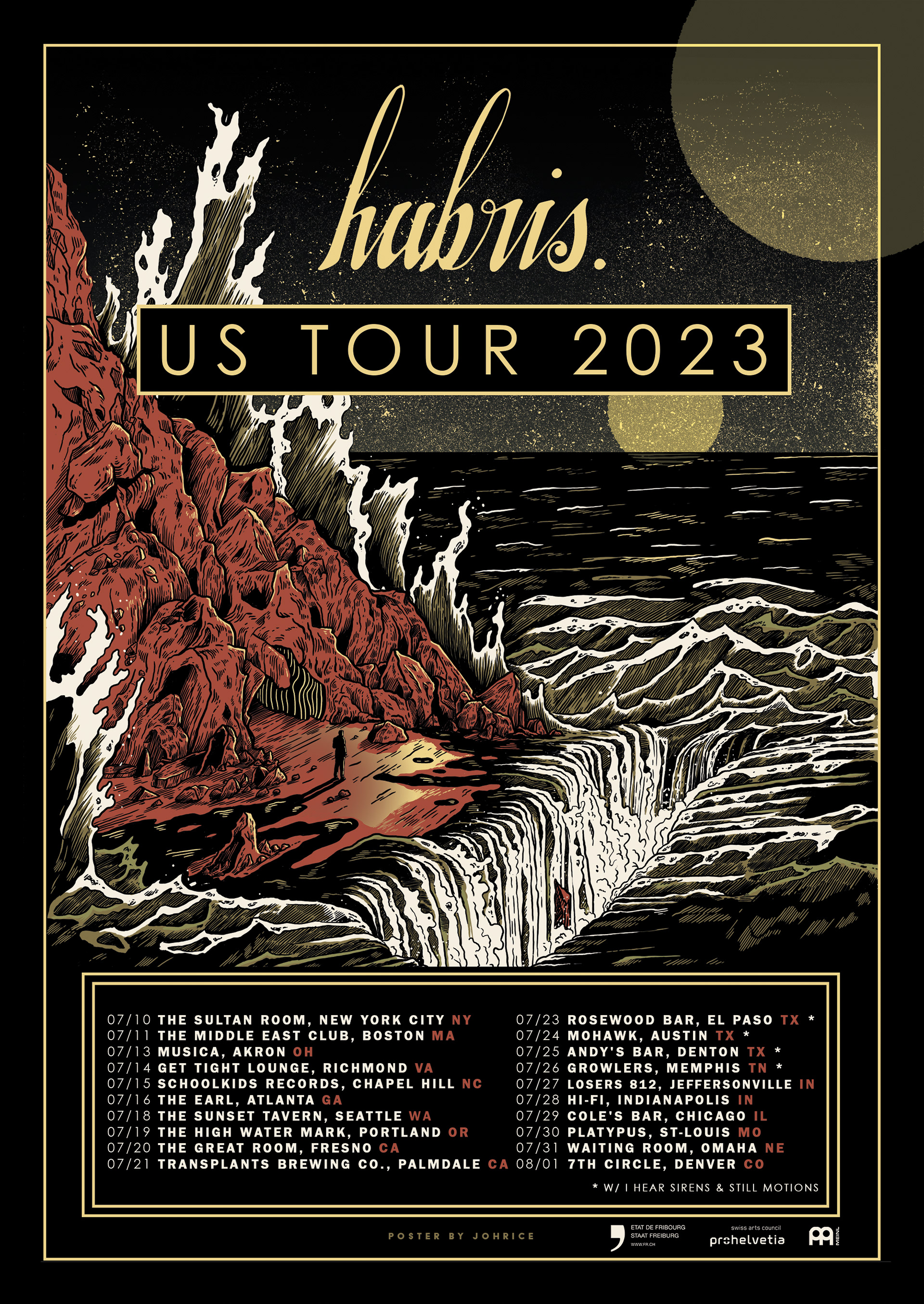Us tour poster for the band hubris. A lost man on a rock surrounded by a raging sea
