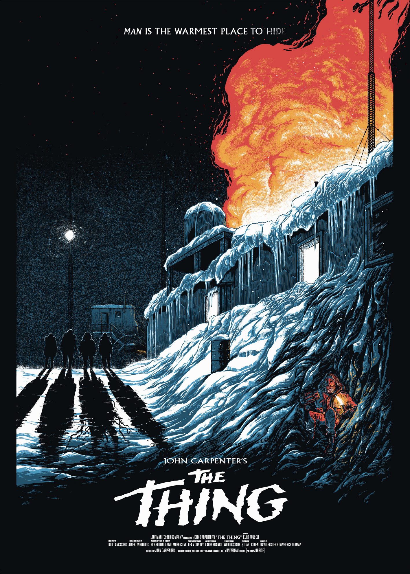 Alternative movie poster for John Carpenter's The Thing from 1982, Arctic station, snow and flames
