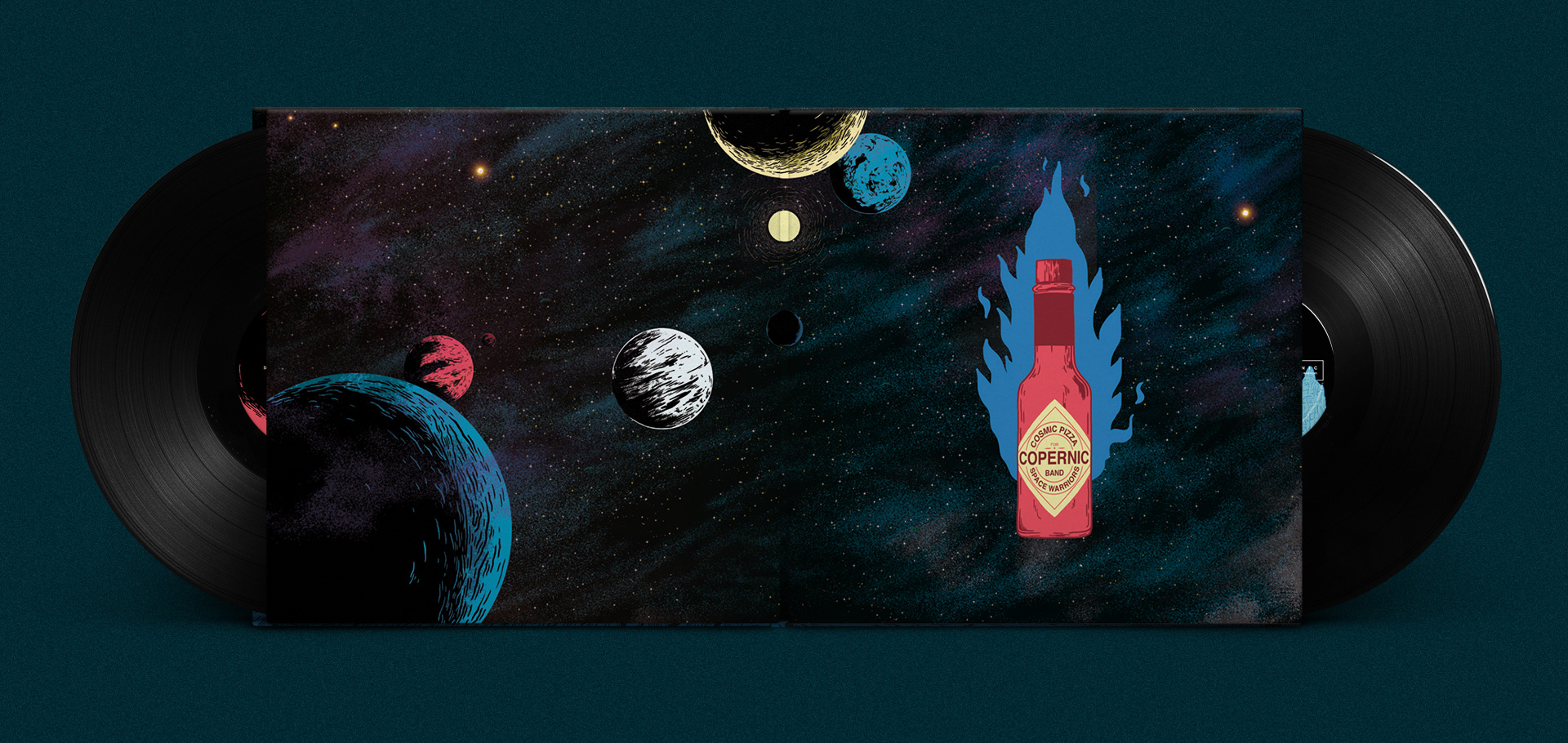 Double LP open inside. Space with many planets and a Tabasco sauce bottle on fire