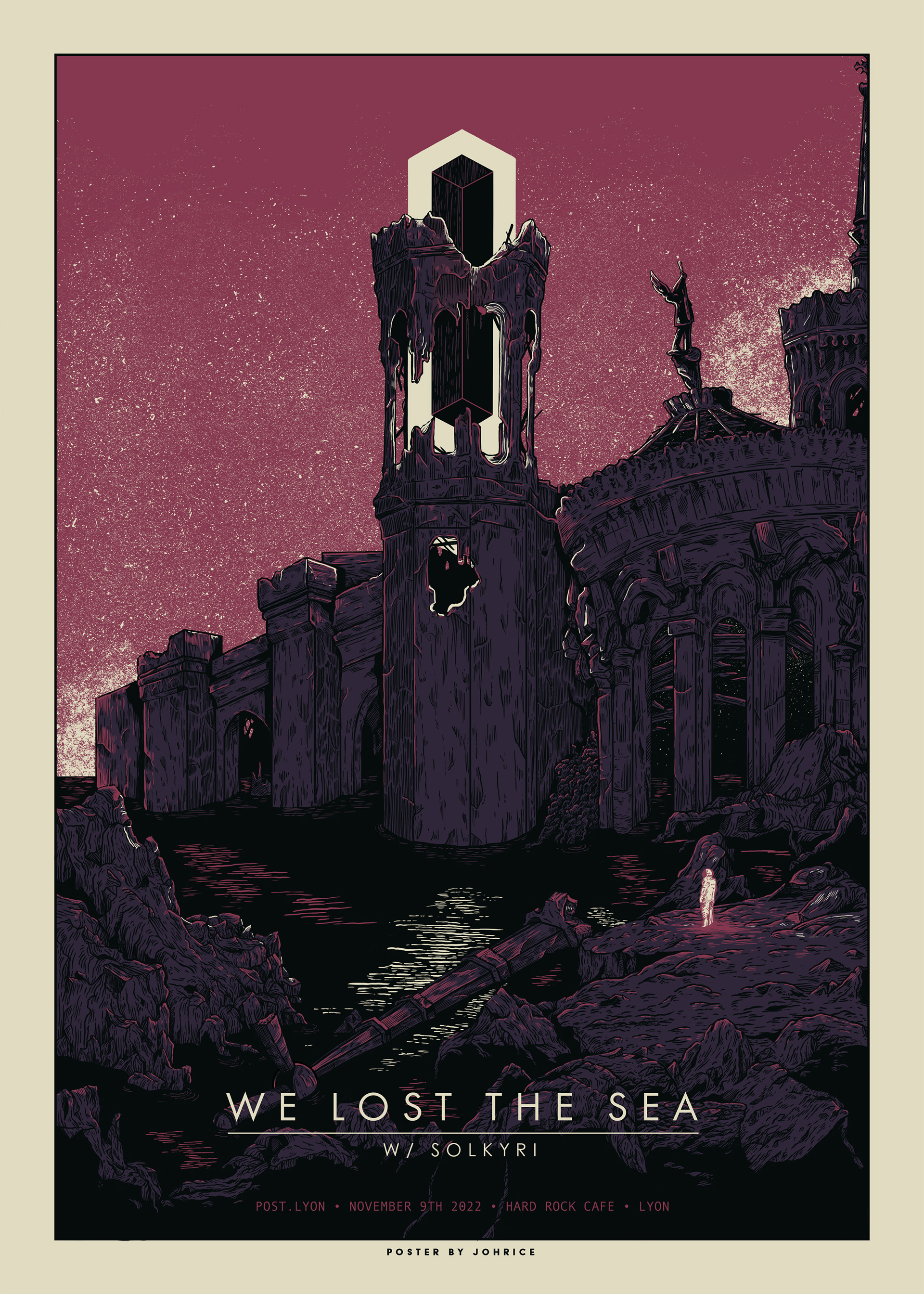 Poster made for We Lost The Sea concert in Lyon on November 9th, 2022. Fourvière cathedral post apocalyptic