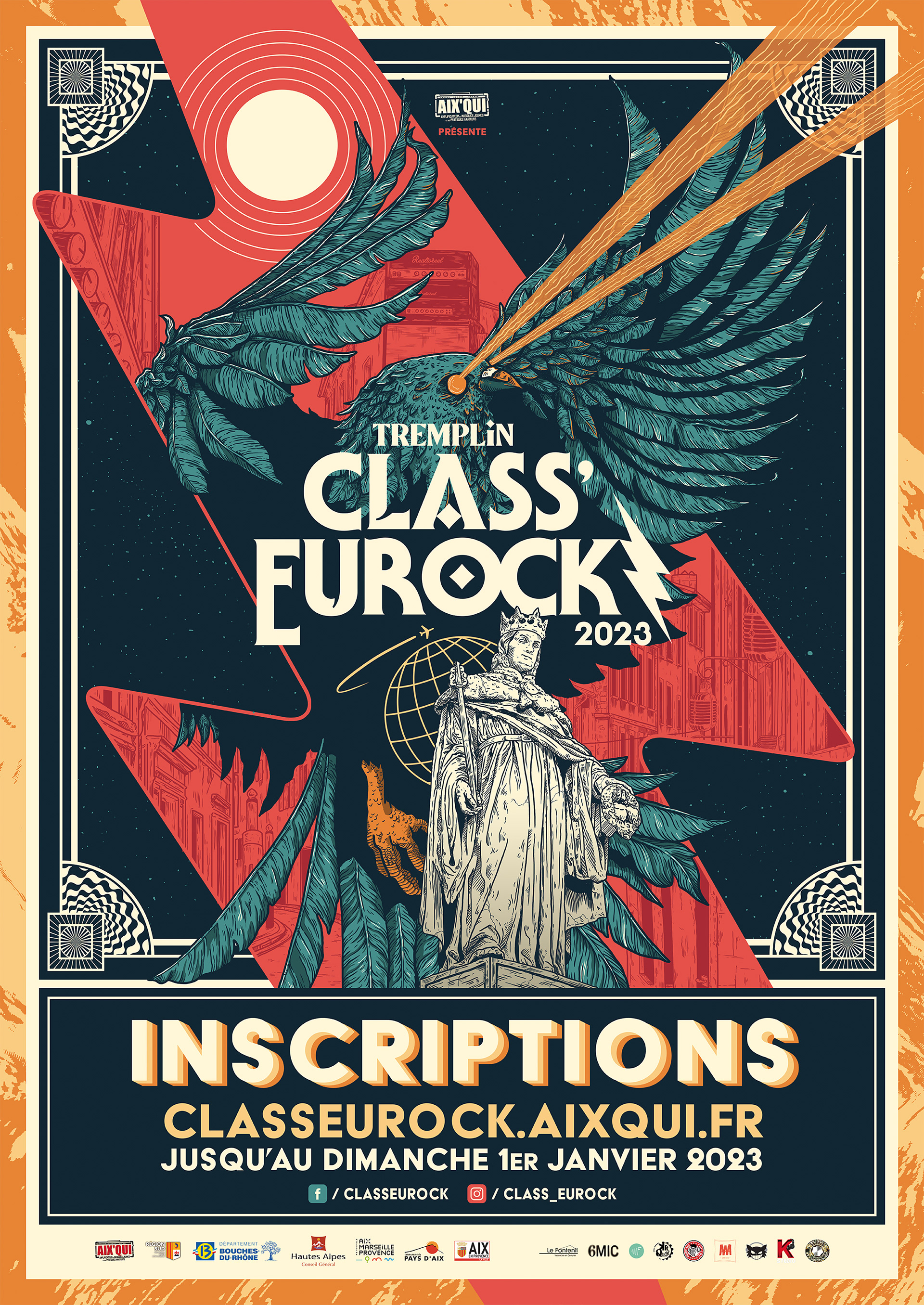 Class'Eurock 2023 poster. Huge pigeon over Aix en Provence use its laser eyes