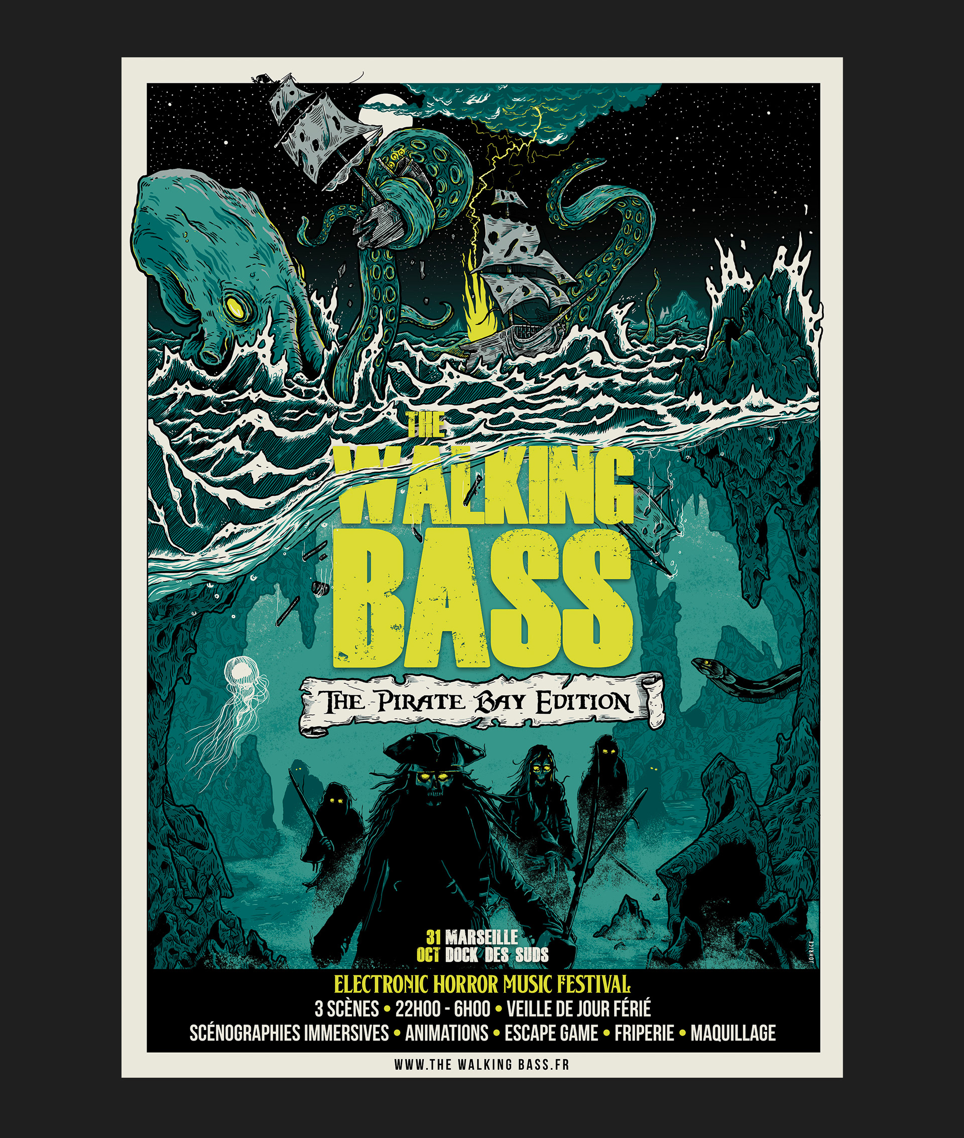 Poster for The Walking Bass 2022. Pirates and kraken under the sea