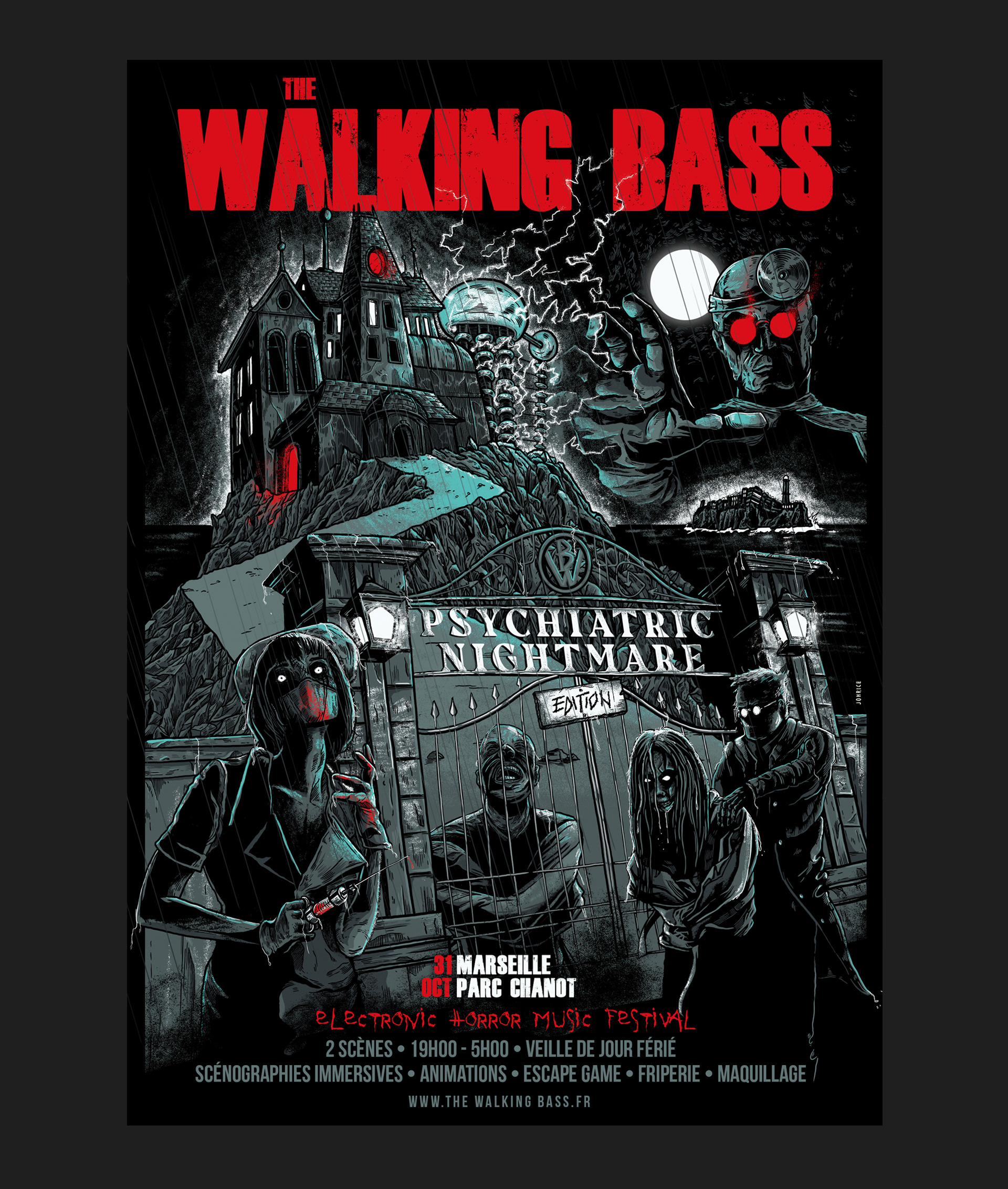 Poster for The Walking Bass Festival 2023. Horror electronic show. Psychiatric edition