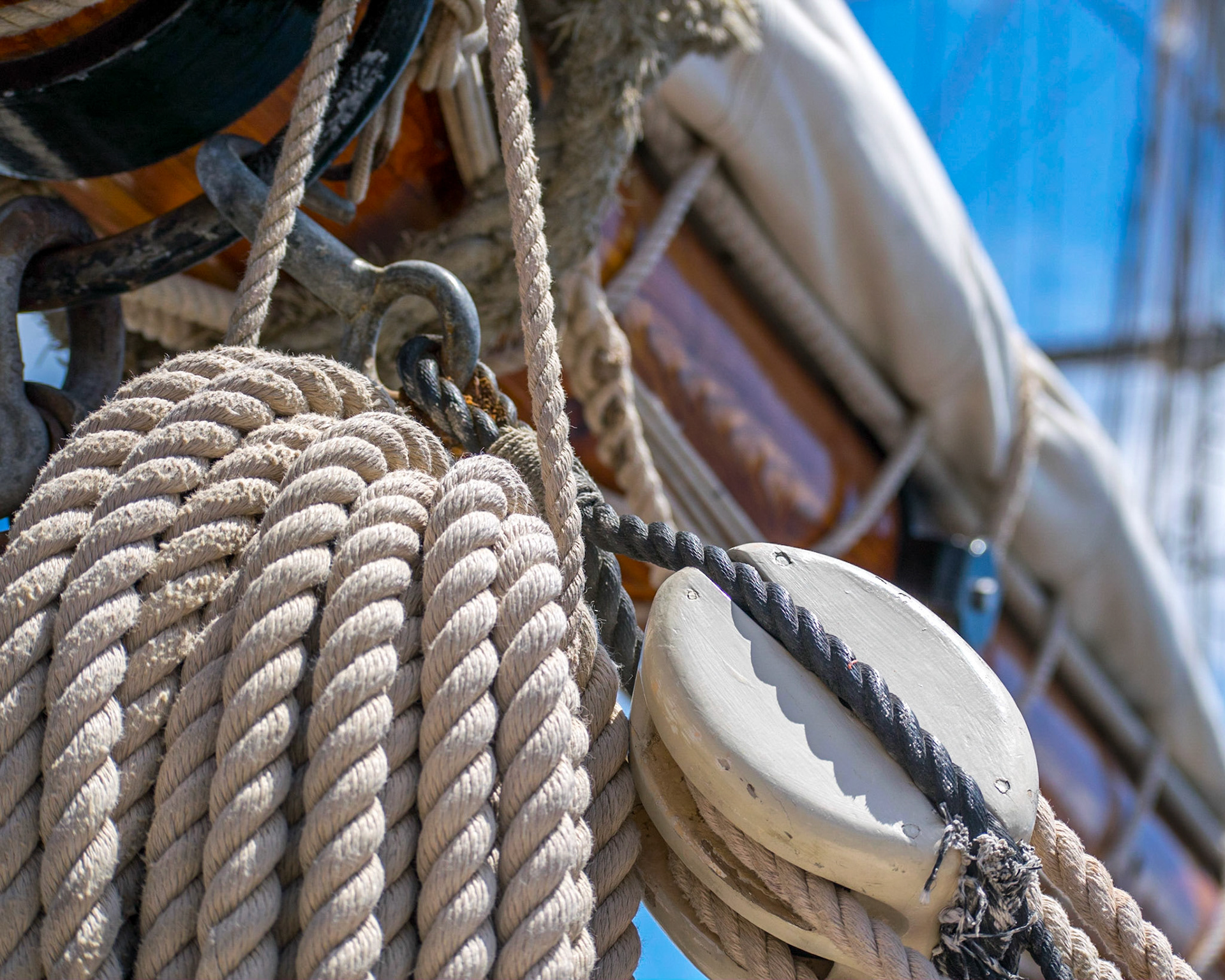 #106 I love the crispness of the white sail and ropes contrasted with the wood. Beautiful details on the Spirit of South Carolina