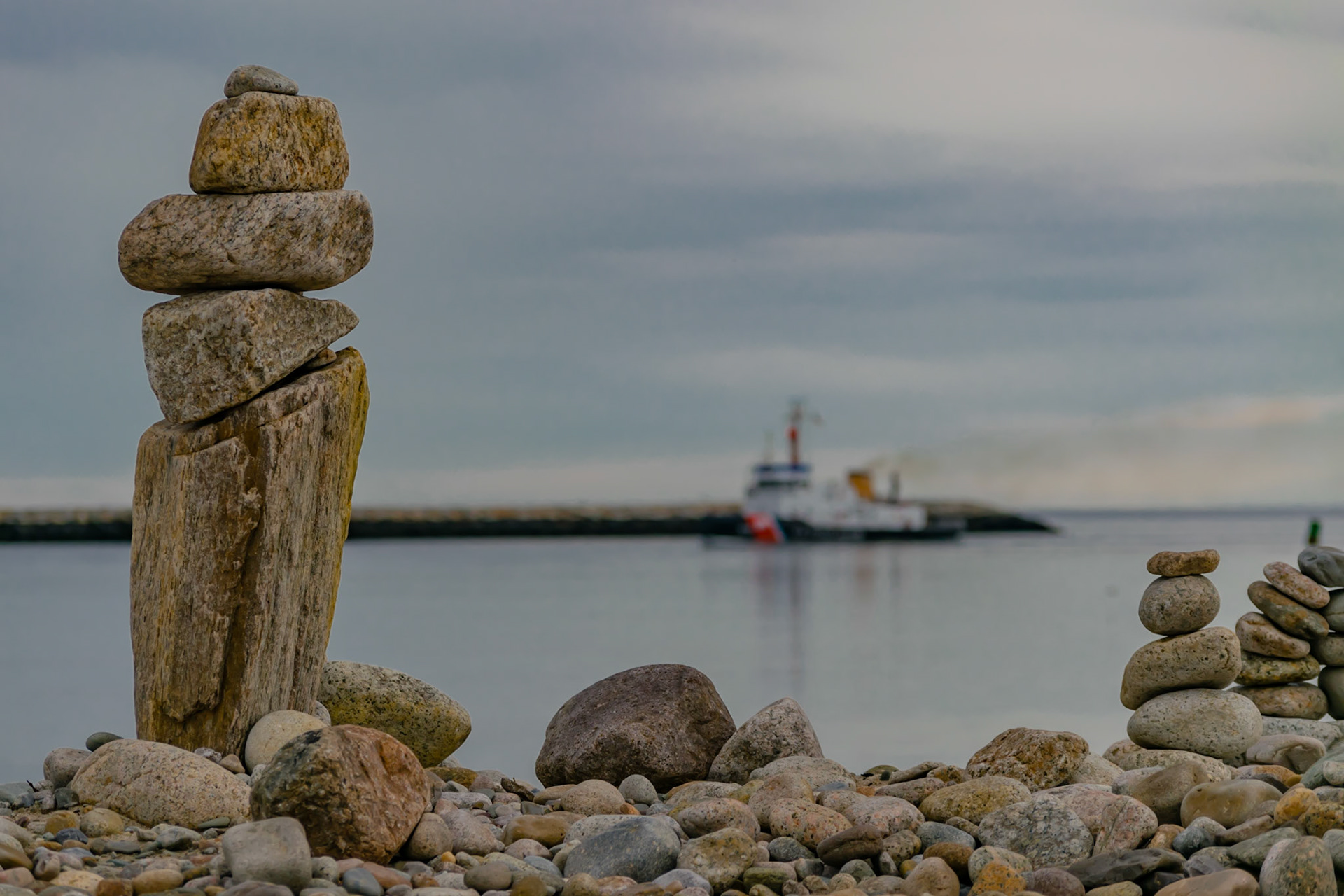 #465 View of the Cape Cod Canal from Horizon's Beach.  Someone was kind enough to build a bunch of cairns for me to use as a frame.