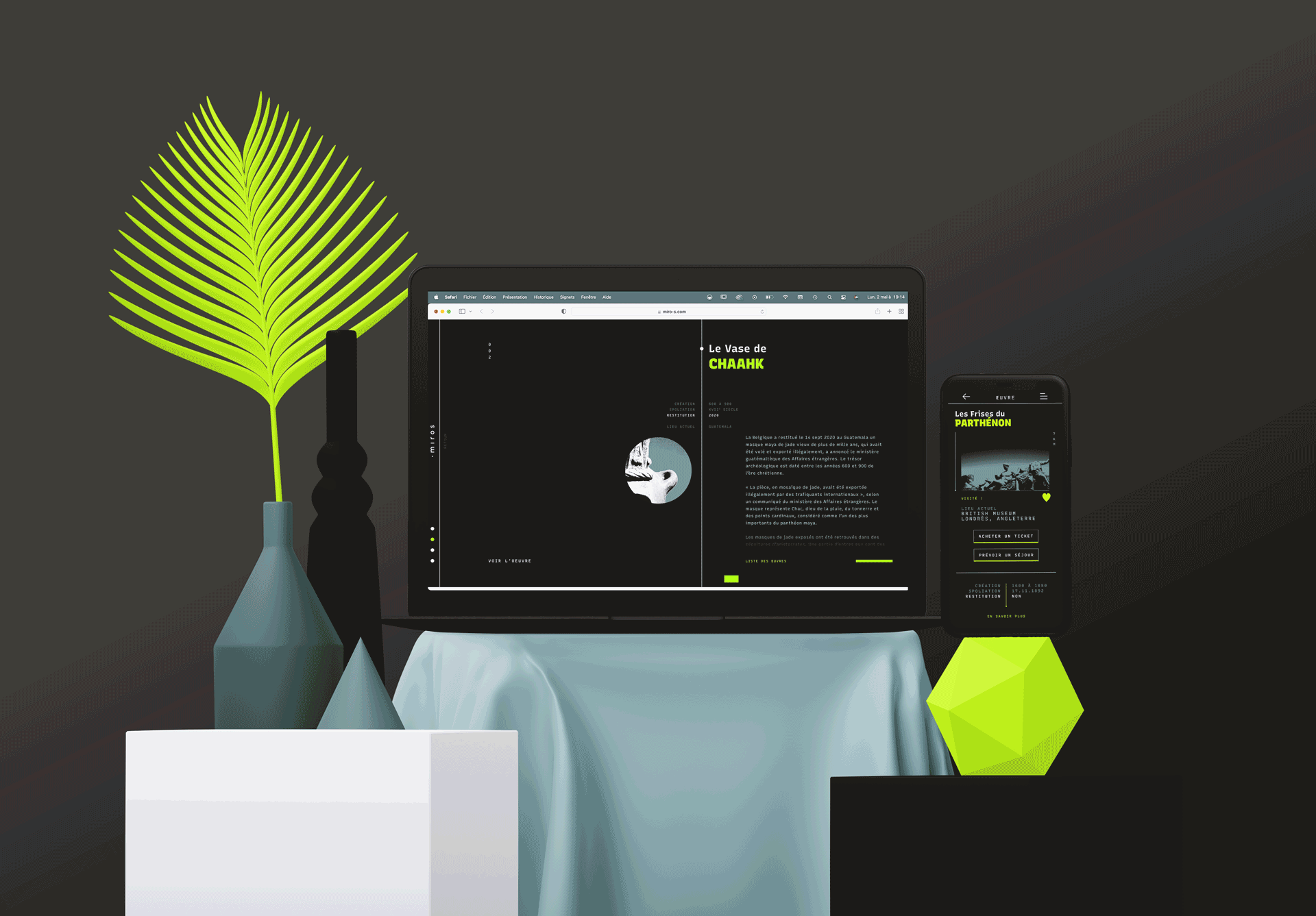 Animated image showing different parts of Miros' visual identity in use
