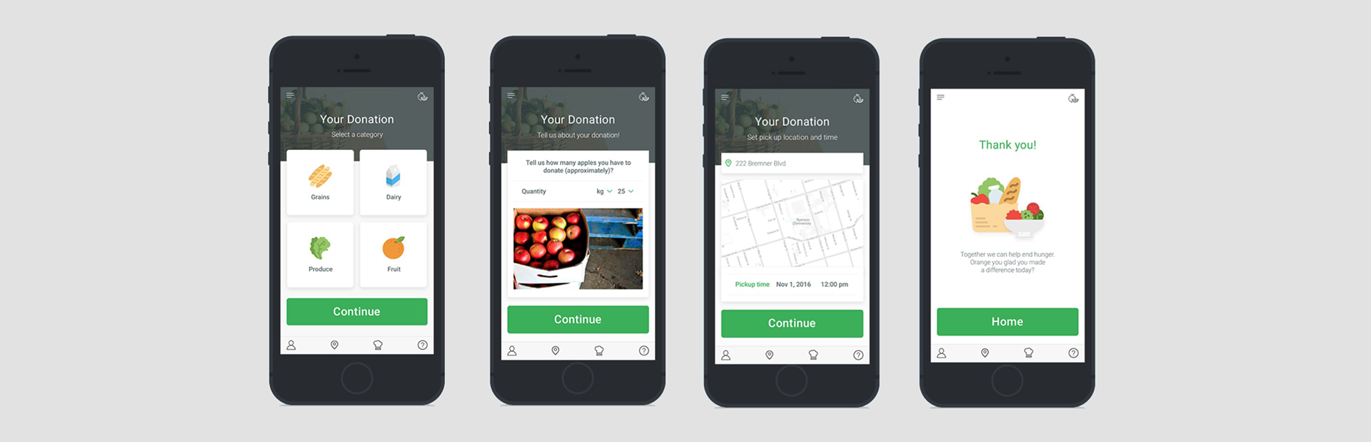 Donor prototype mobile screens showing when the food donations will be picked up.