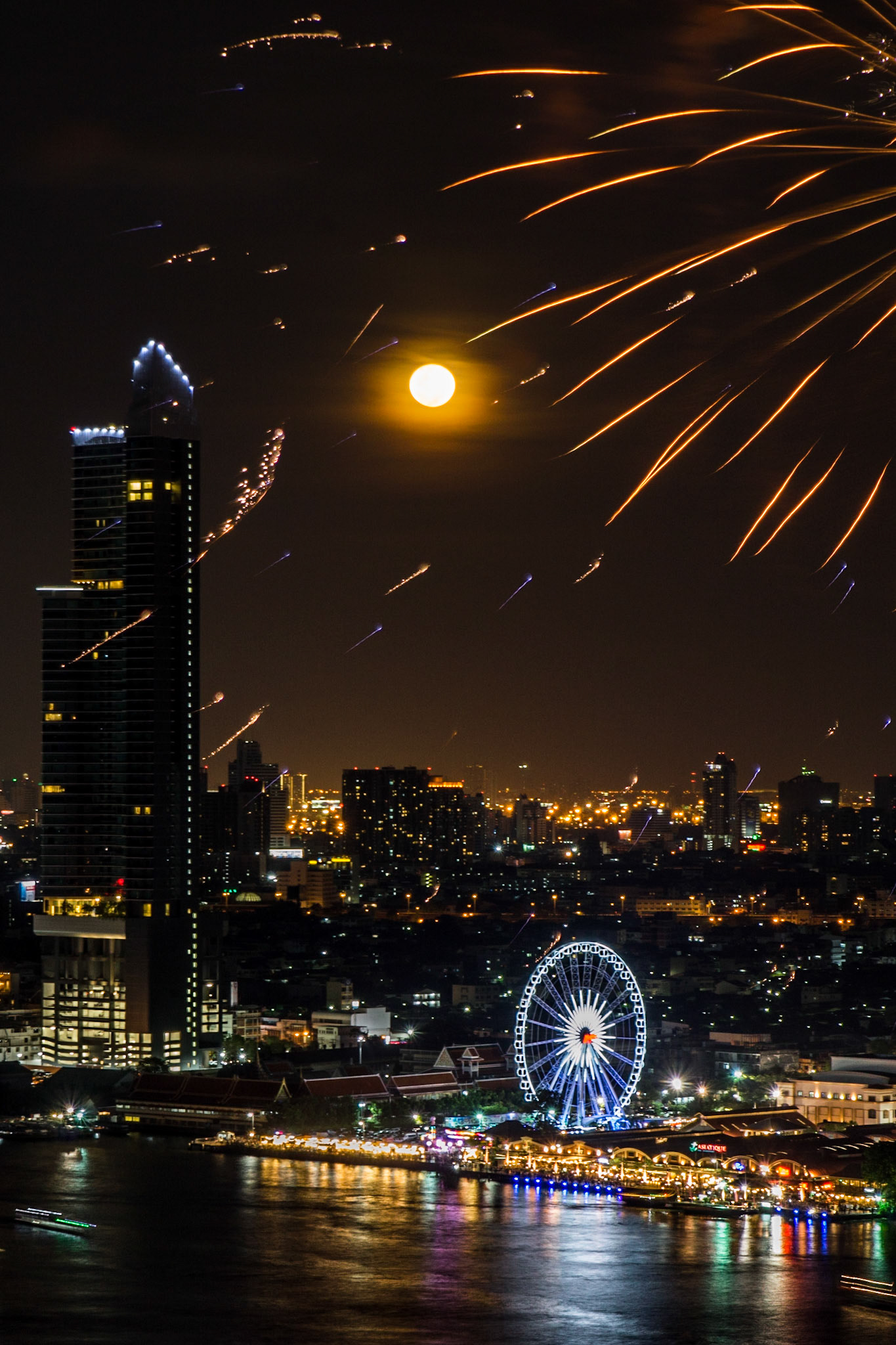 Fireworks and Full Moon Over the Chao Phraya River, Bangkok, Thailand (RW058)