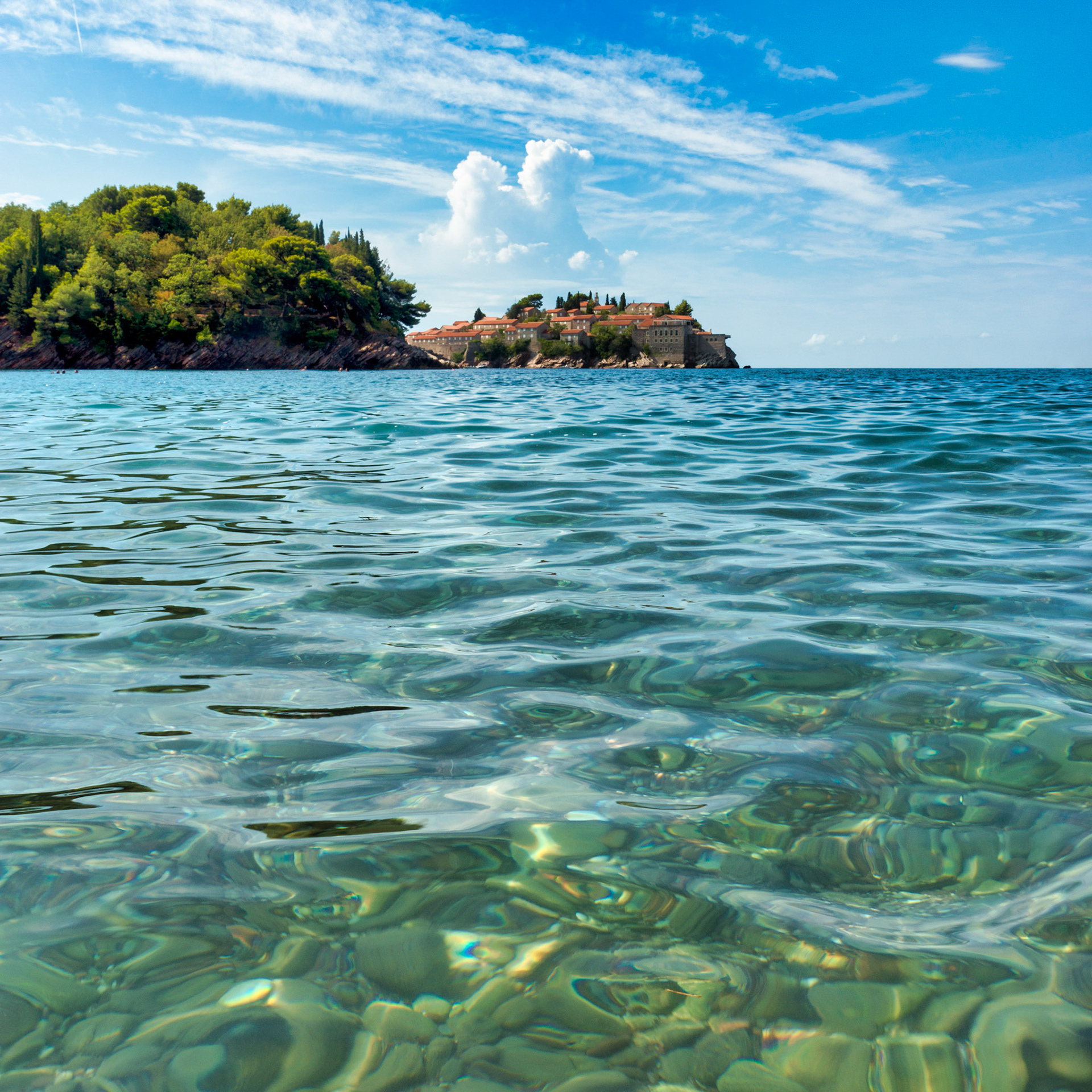 The Island of Sveti Stefan, seen from Milocer Beach, Montenegro (EU044)