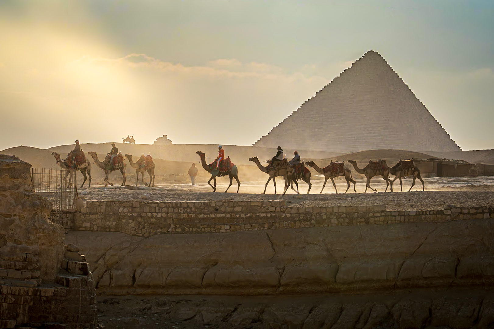 A Camel Train Passing the Great Pyramids of Giza in Cairo, Egypt (RW098)