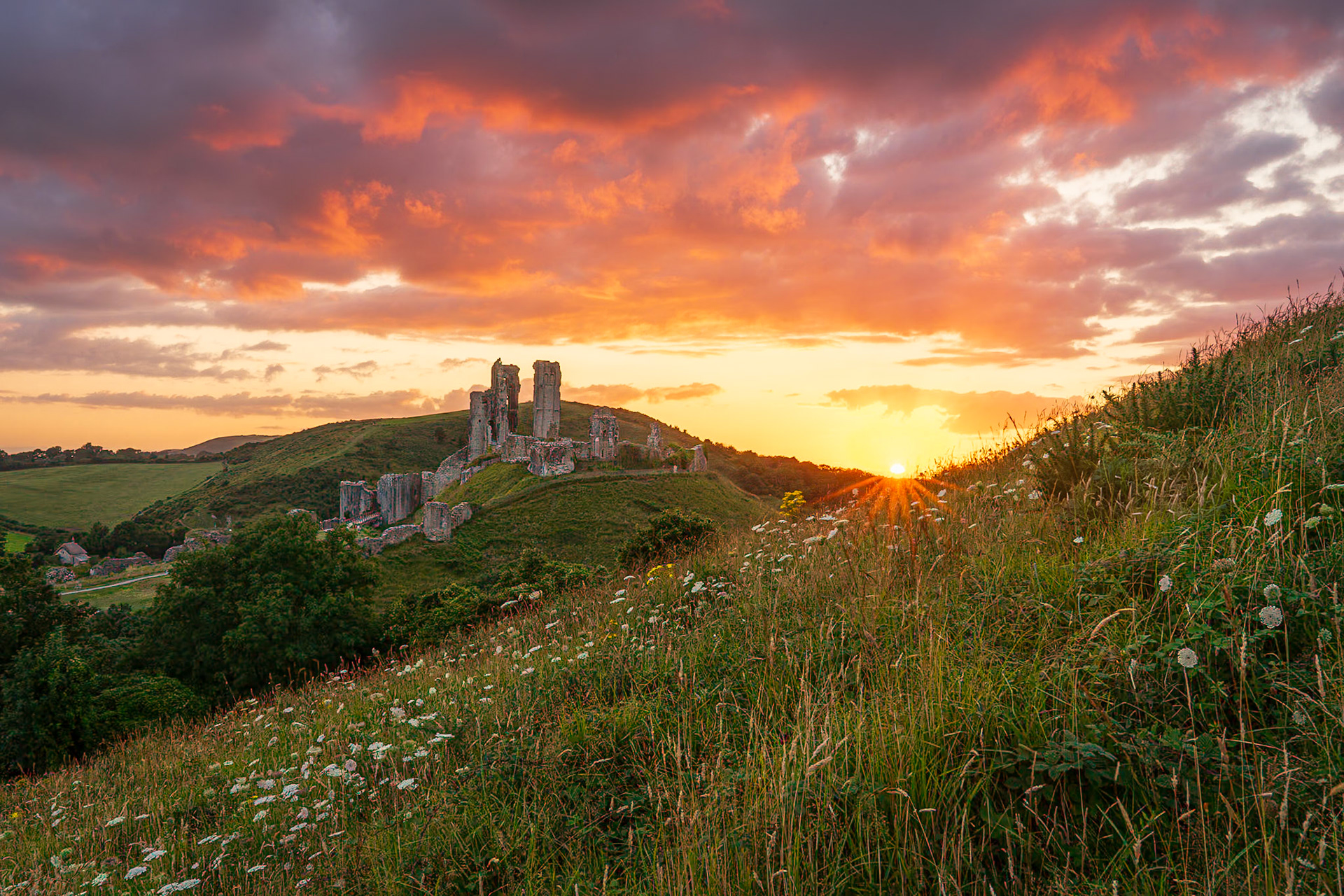 Sunset over Corfe Castle from East Hill, Dorset, UK (UK087)