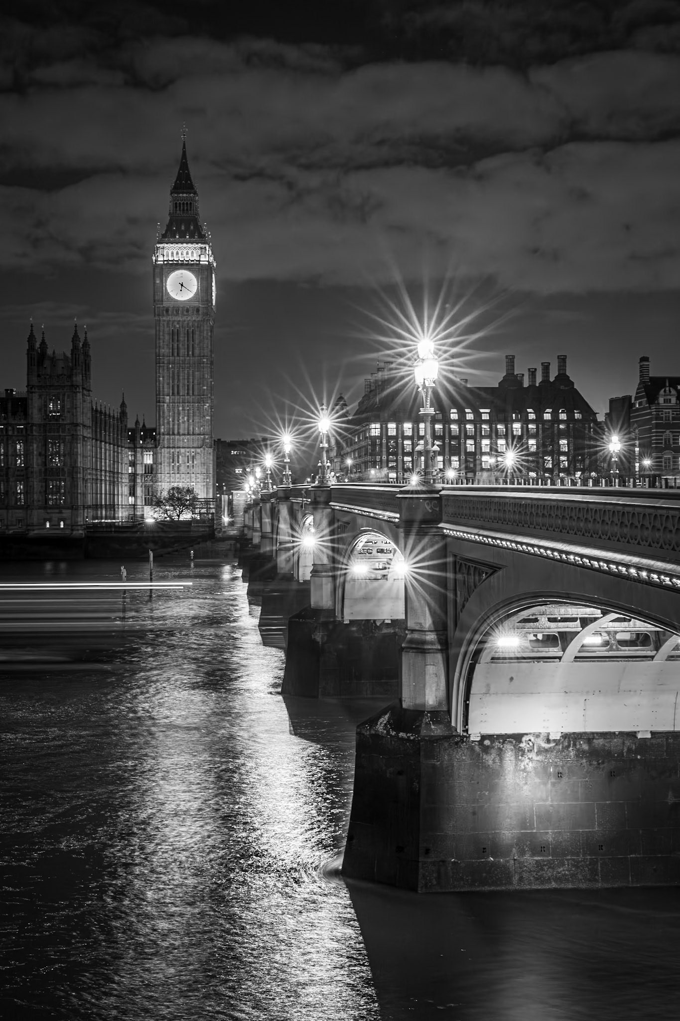 Elizabeth Tower and Westminster Bridge at Night, London, UK (UK065)