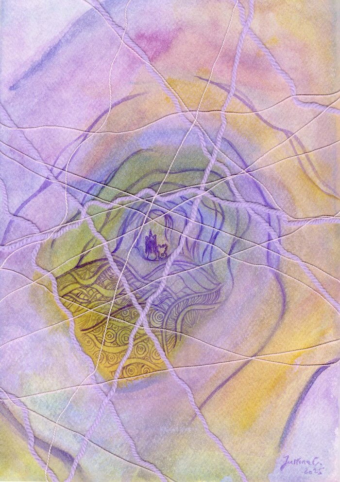 Unravel Reveal Breathe, 2025, Watercolour, Threads & Yarn on Paper, 21 x 29.7 cm