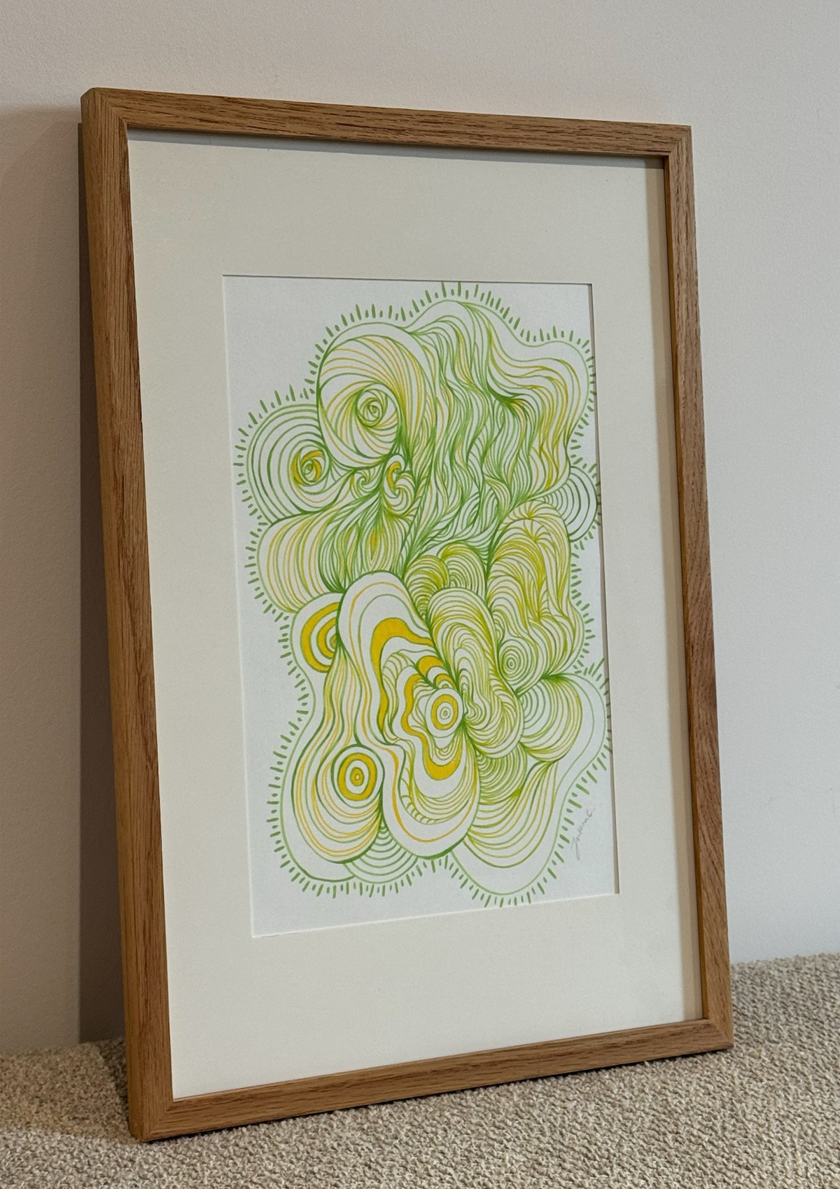 A Moment of Green, 2026, Brush pen and marker on paper, 21 × 29.7 cm