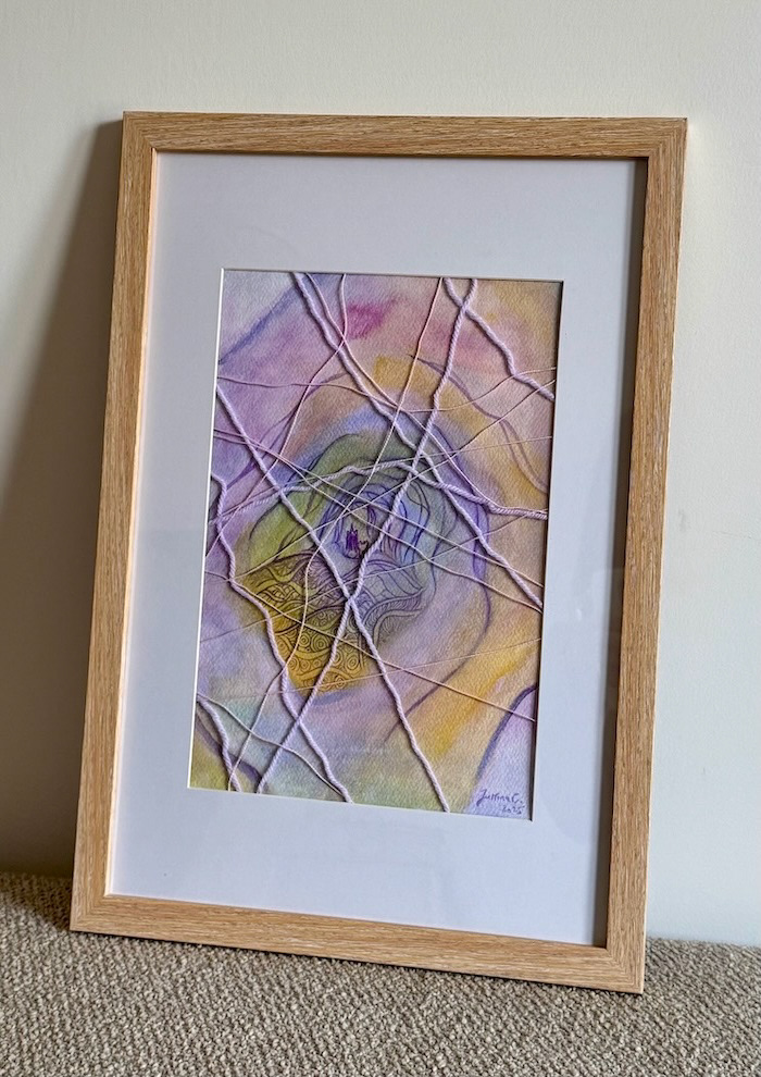 Unravel Reveal Breathe, 2025, Watercolour, Threads & Yarn on Paper, 21 x 29.7 cm