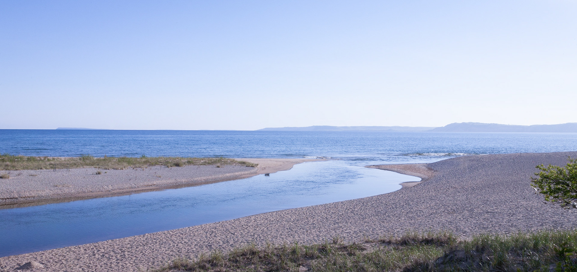 Platte River Mouth and Platte Bay, Lake Michigan, looking towards Sleeping Bear and South Manitou Island, 2009, 18"H x 28"W, Framed.