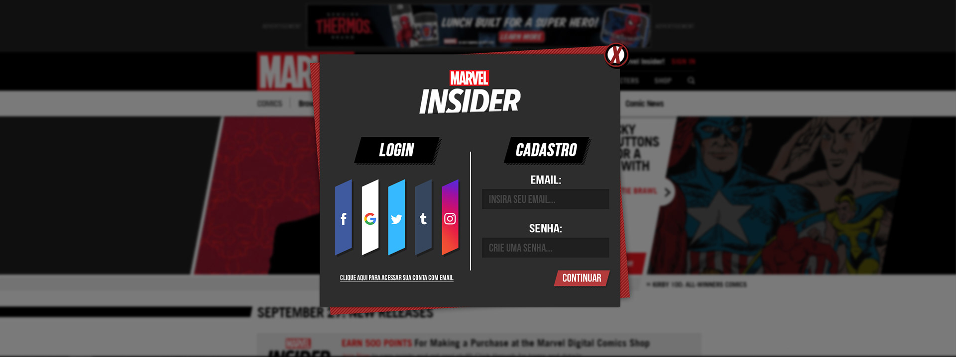 Proposta de Redesign da Tela de Login para o site da Marvel Insider.