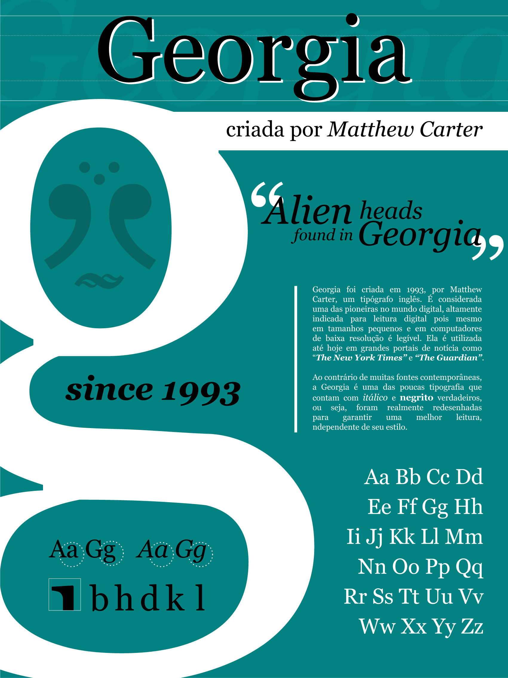 Cartaz tipográfico desenvolvido baseado na história e características da tipografia Georgia. Projeto Acadêmico criado para a disciplina de Tipografia, durante o curso de Design na FIAM-FAAM.