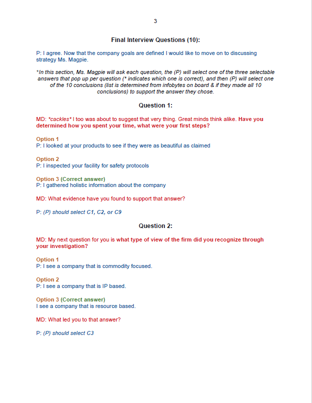 NPC (Magpie) Dialogue, Final Interview Questions (Written by Me)