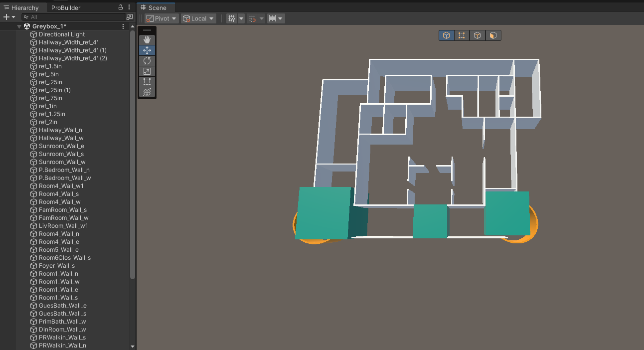 Building greybox in Unity engine (using cubes for scale references)