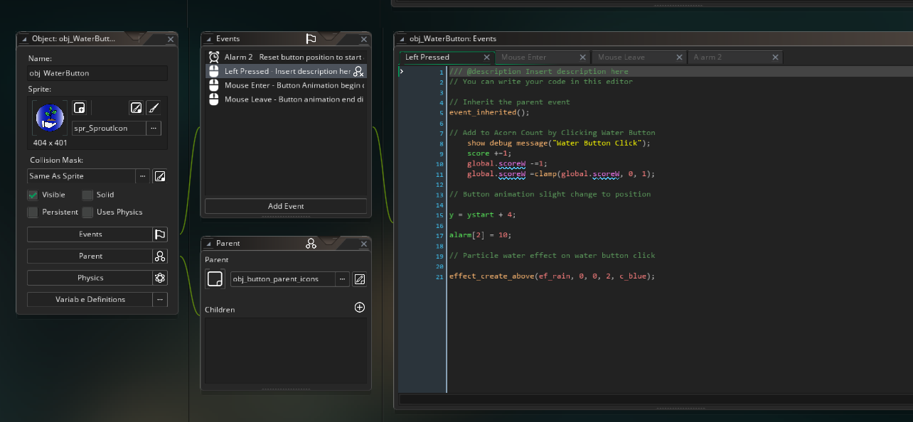 Programming for buttons on mouse click as well as button effects