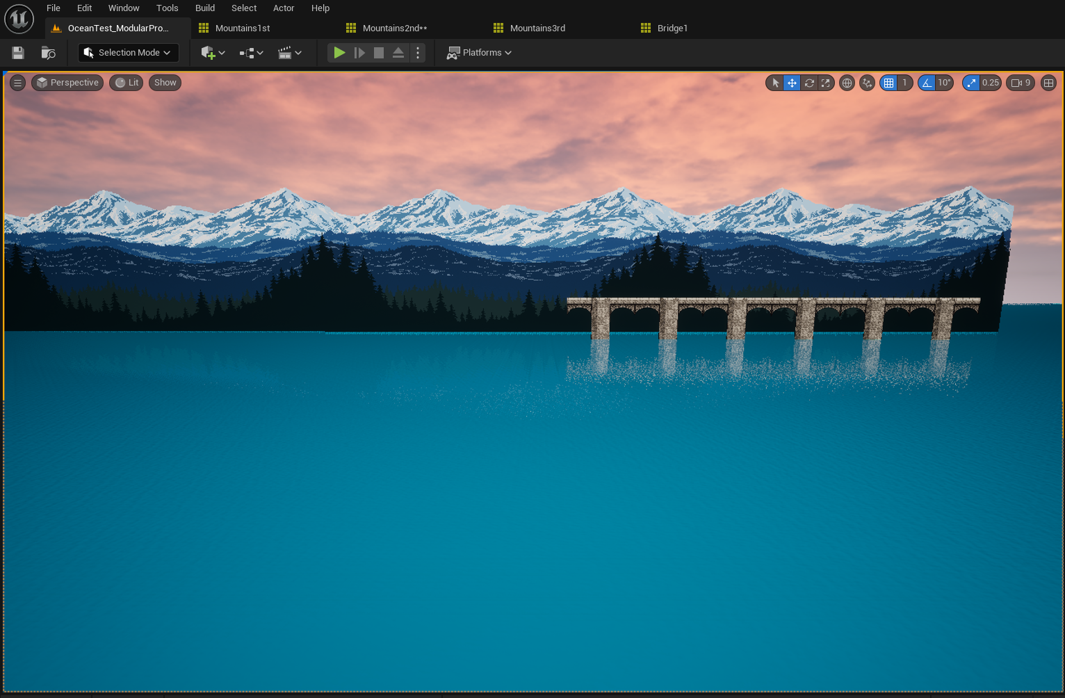 2D Parallax mountains to create a larger world feel, with bridge