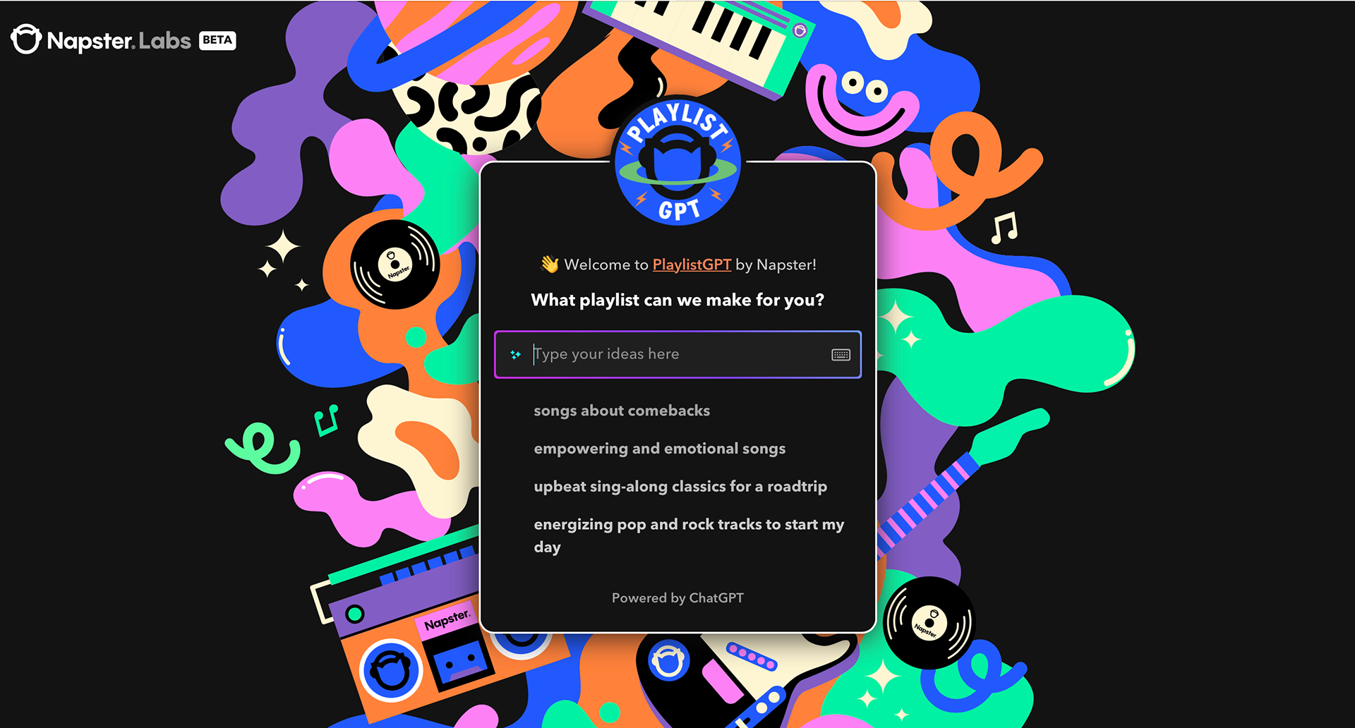 Napster illustrations for Playlist GPT. playful vector based illustrations and animations with a nostalgic, retro music aesthetic.