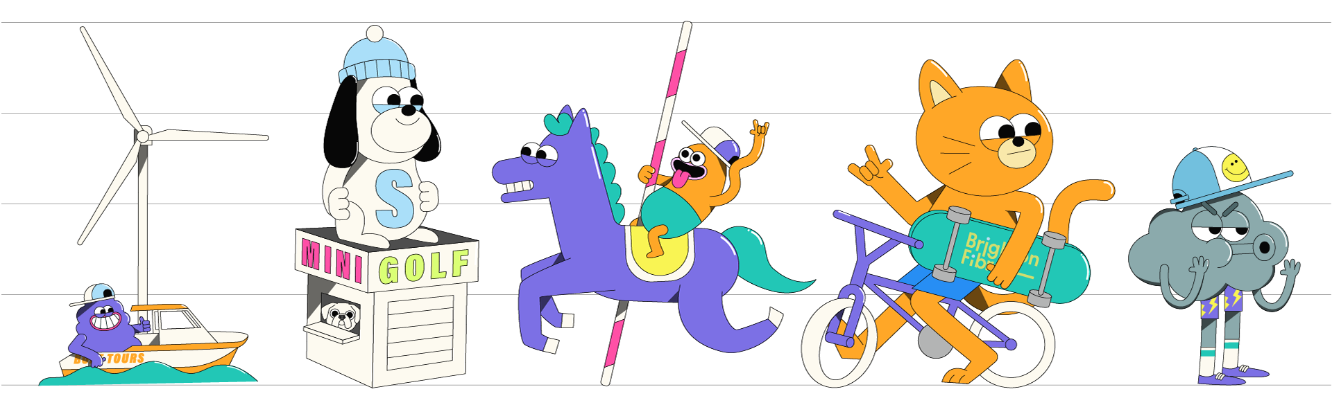 Character design illustrations for Brighton Fibre. Including a wind farm, mini golf, carousel and rain cloudcharacter.