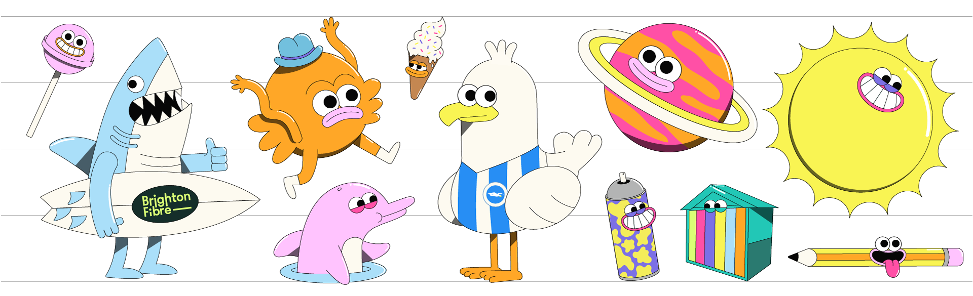 Character design illustrations for Brighton Fibre. Including  a surfing shark, seagull, dolphin and spray can character.