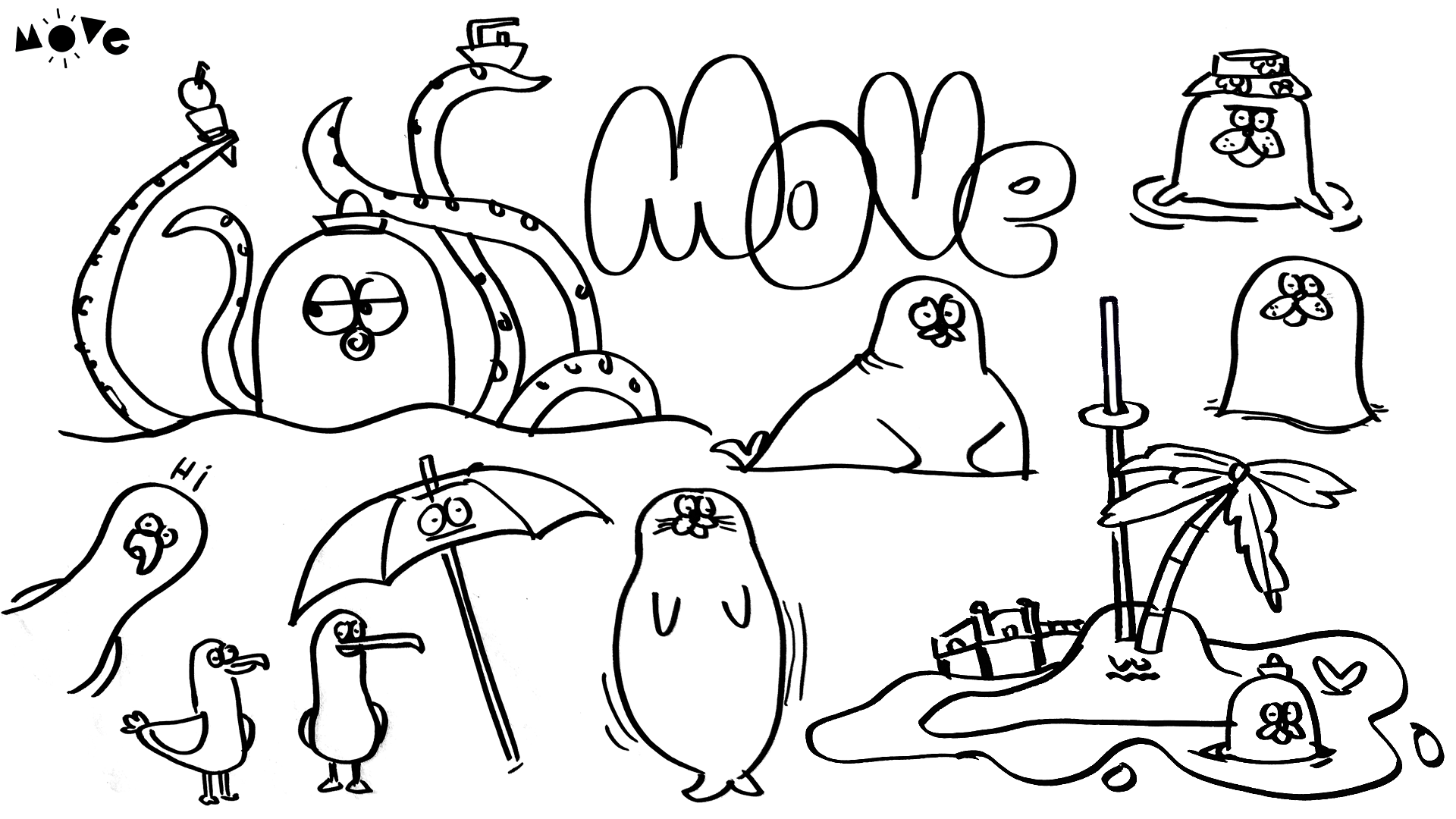Sketchwork containing character designs for Animation branding. Characters include: Seals, seagulls