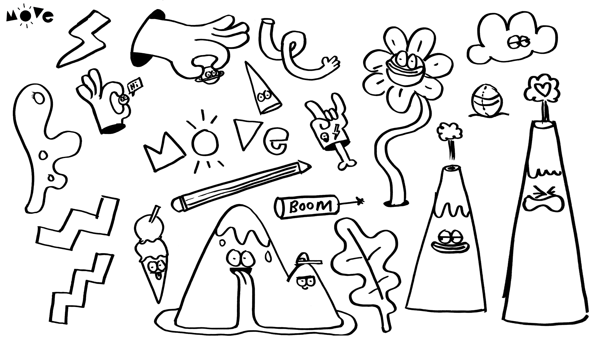 Sketchwork containing character designs for Animation branding.