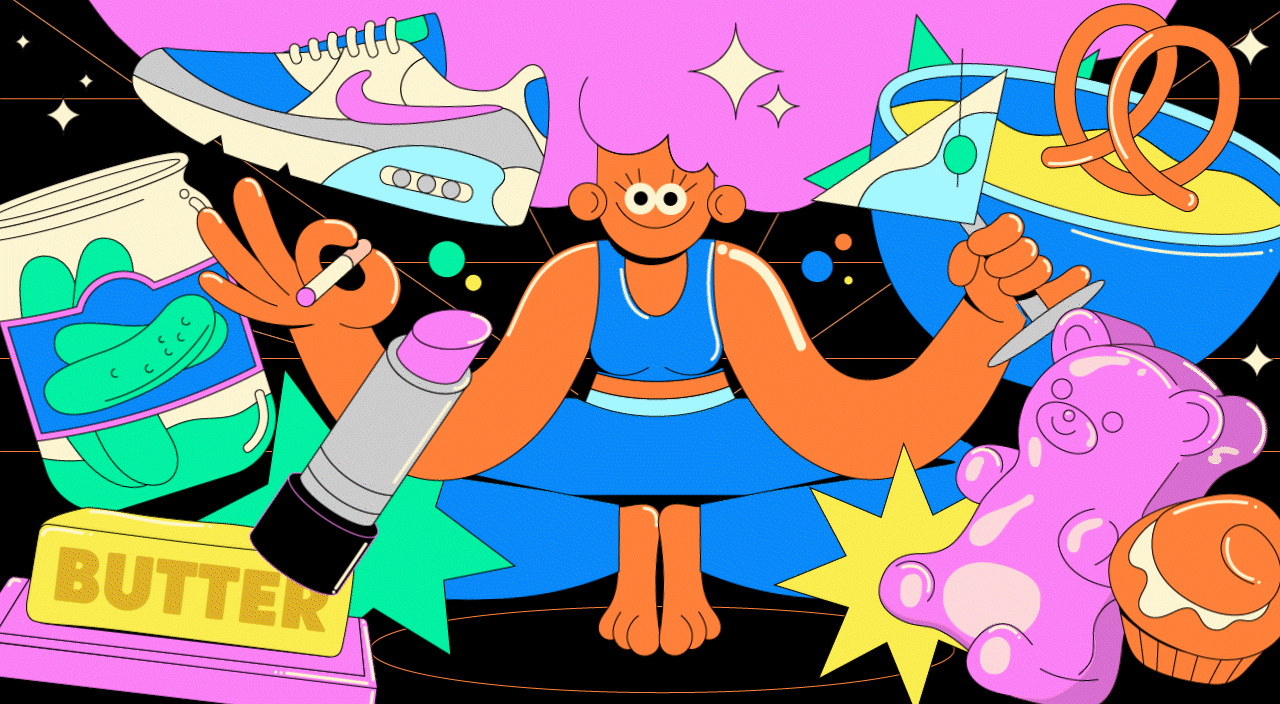 Editorial illustration depicting peoples vices they find hard to shake such as pickles, martinis and pretzels! illustrations shows women floating in space with lots of animated objects around her.