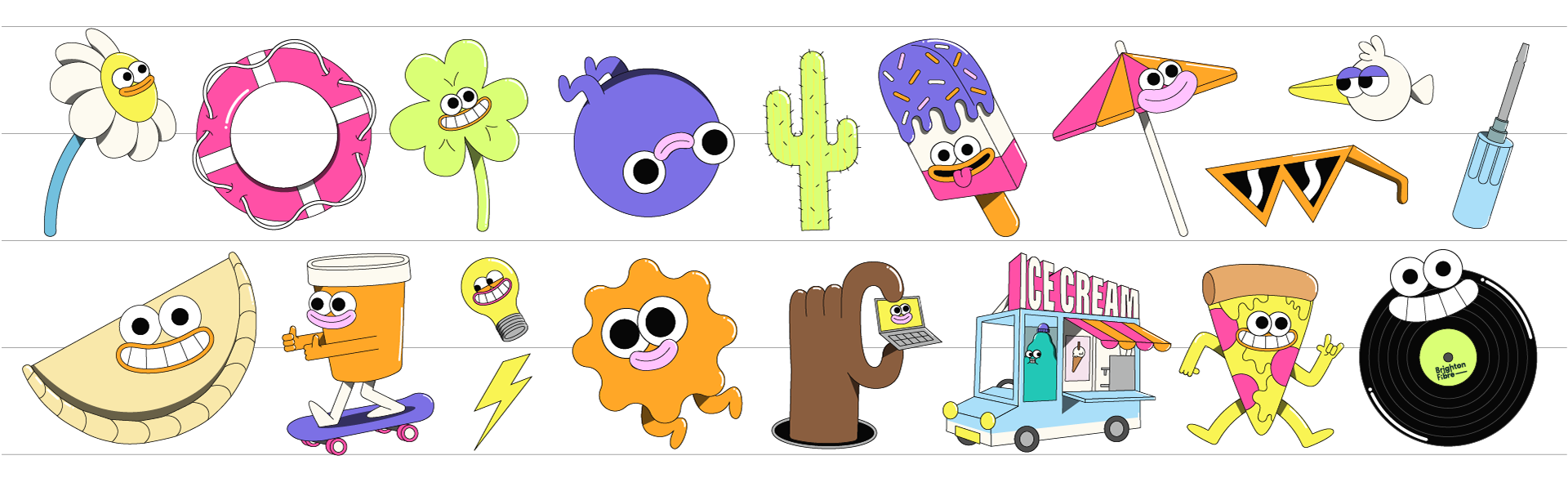 Character design illustrations for Brighton Fibre. Including a lucky clover, flower, pizza and ice-cream character.