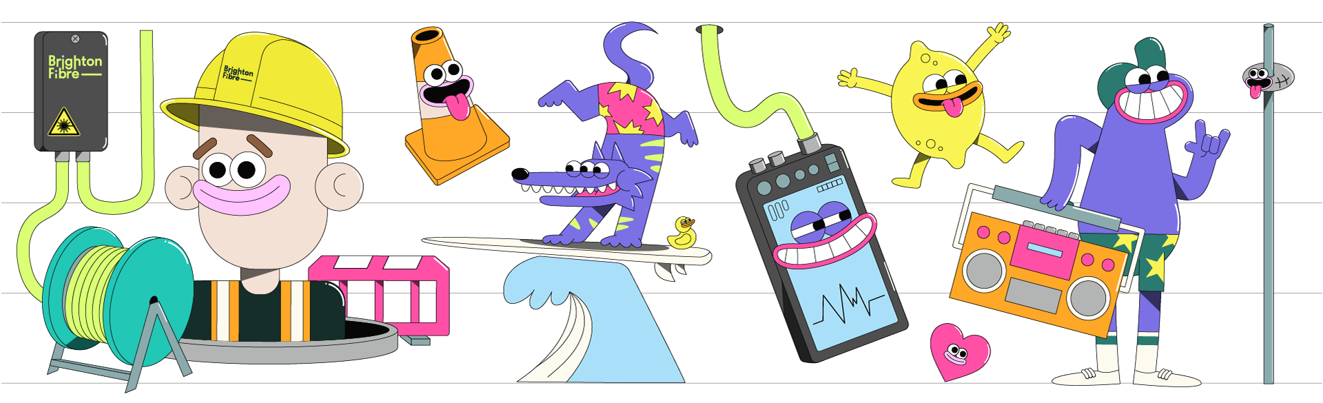 Character design illustrations for Brighton Fibre. Including the i360, lemon, surfing wolf and traffic cone character.