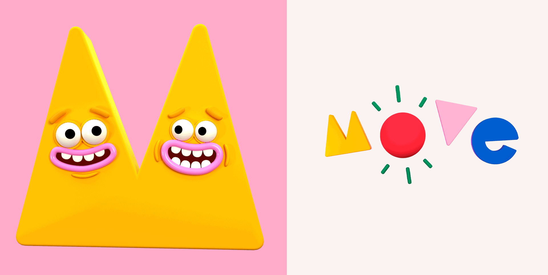 3d characters for Move Animation. Featuring 3d The letter M, as a 3d character smiling and frowning.
