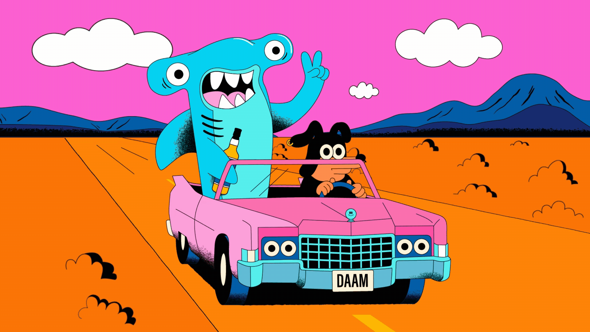 2d Animation featuring a hammerhead shark and a dog driving a Cadillac in Nevada