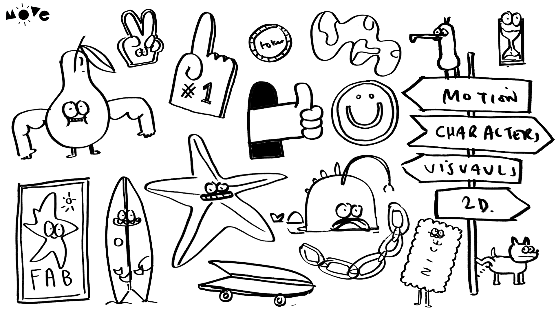 Sketchwork containing character designs for Animation branding.