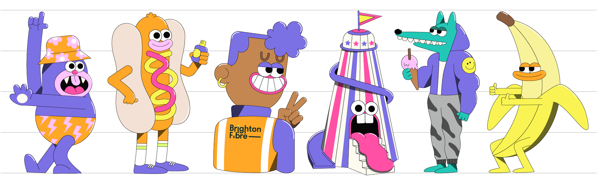 Character design illustrations for Brighton Fibre. Including  a hotdog, helter-skelter and banana character.