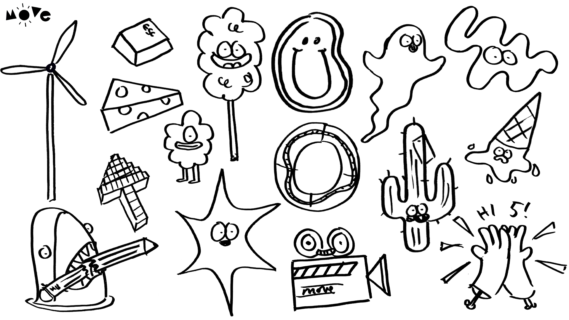 Sketchwork containing character designs for Animation branding.