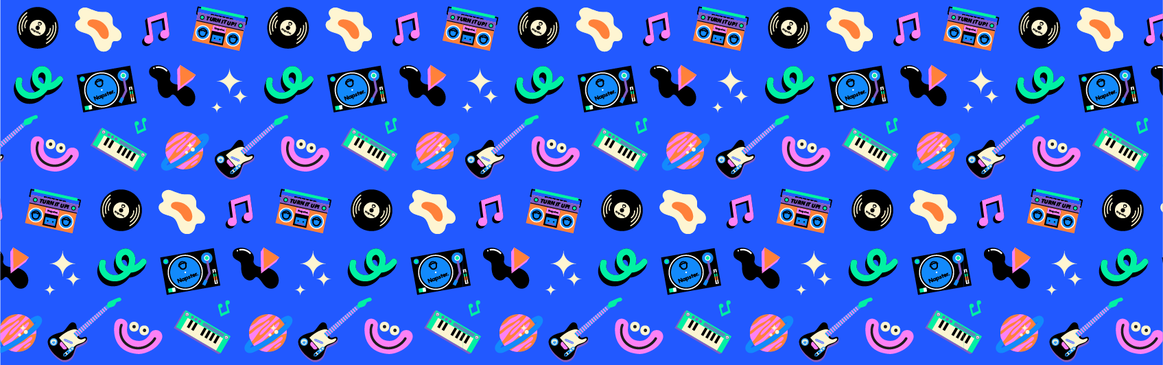 Repeat patterns for Napster illustrations for Playlist GPT. LP, stereo, egg, guitar, musical notes and smiley faces.