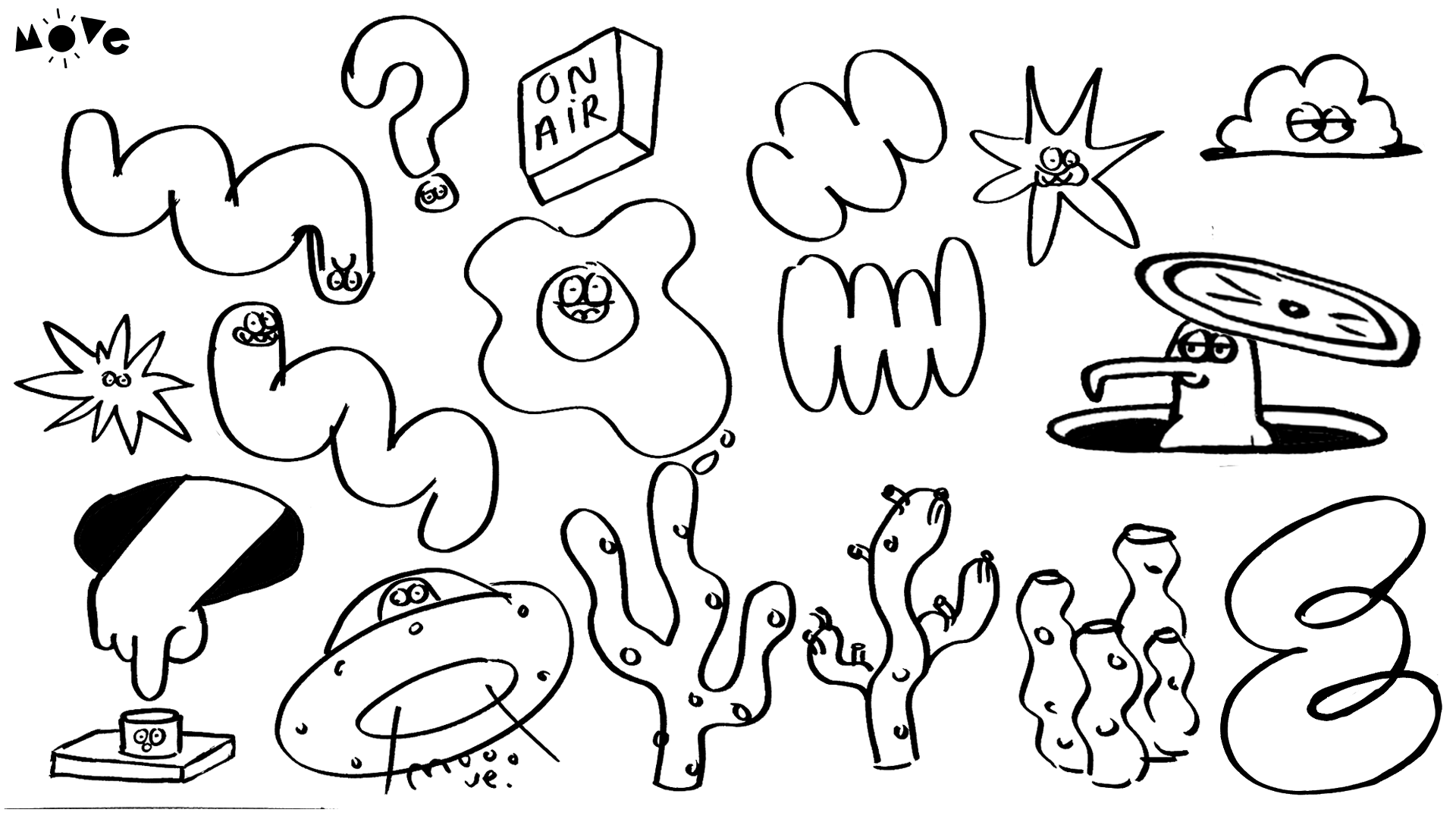 Sketchwork containing character designs for Animation branding.