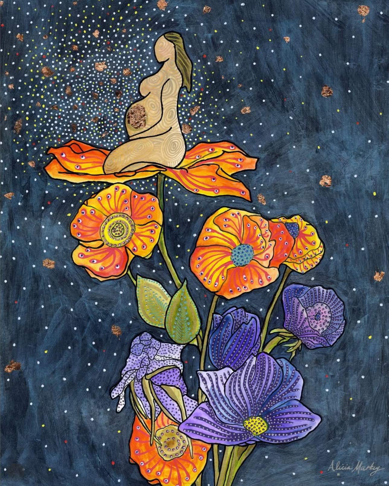 Artwork by Alicia Markey of a woman sitting on an orange poppy flower. She is pregnant and has a gold belly with specs of gold and white surrounding her and 8 flowers.