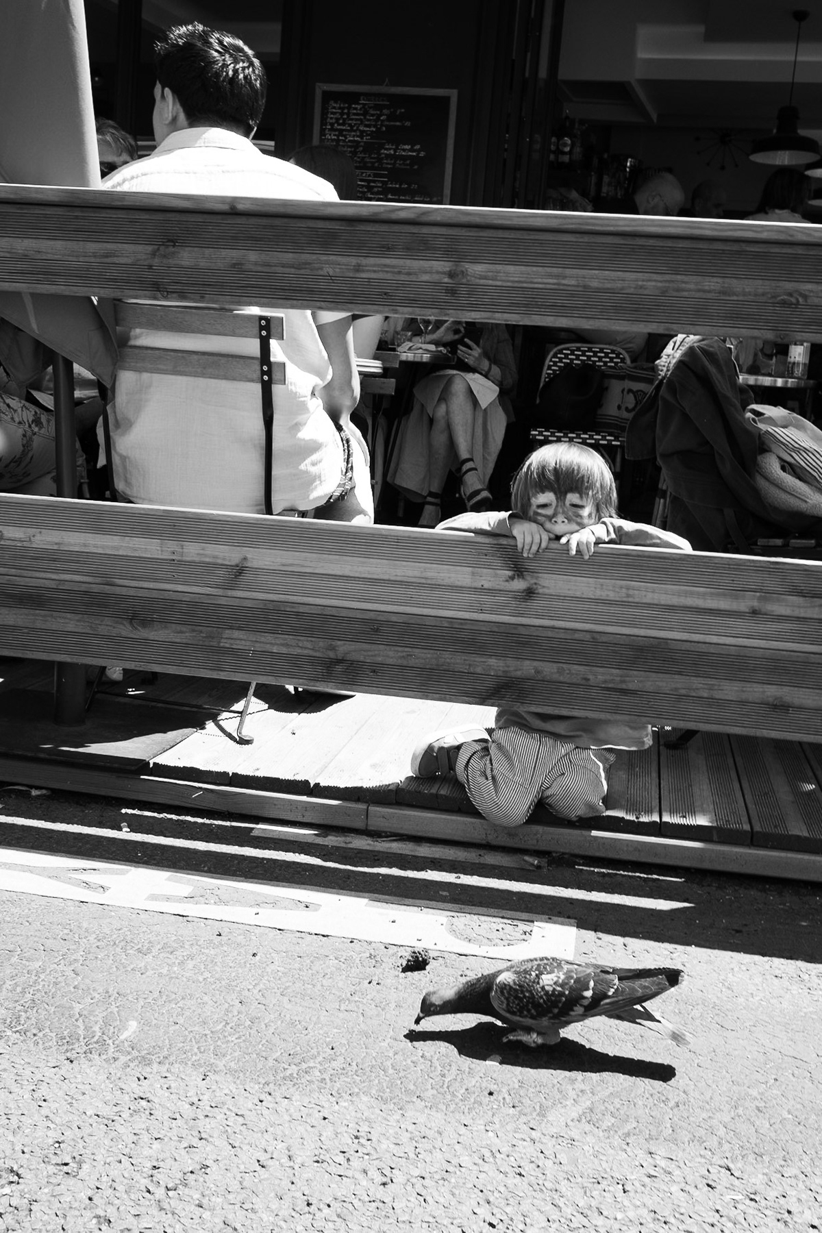 Un enfant maquillé, accroupi derrière une barrière en bois d’une terrasse de café, observe un pigeon sur la chaussée, dans une scène entre théâtre urbain et curiosité enfantine.