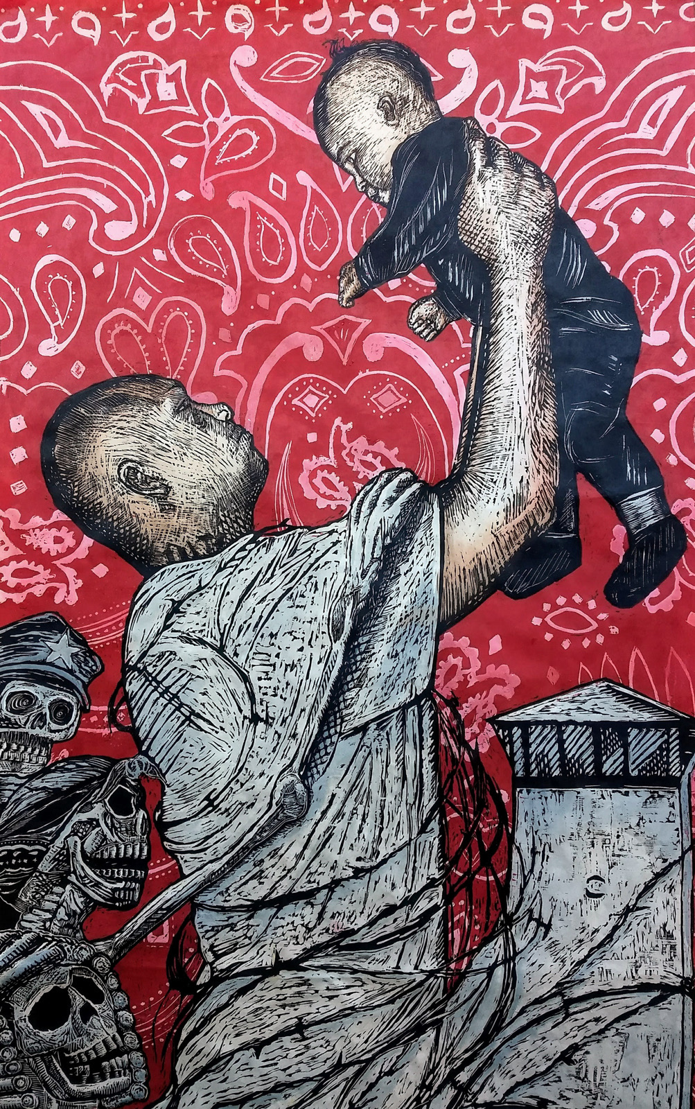 Nick and the Evils, 2013 woodcut 60" x 37"