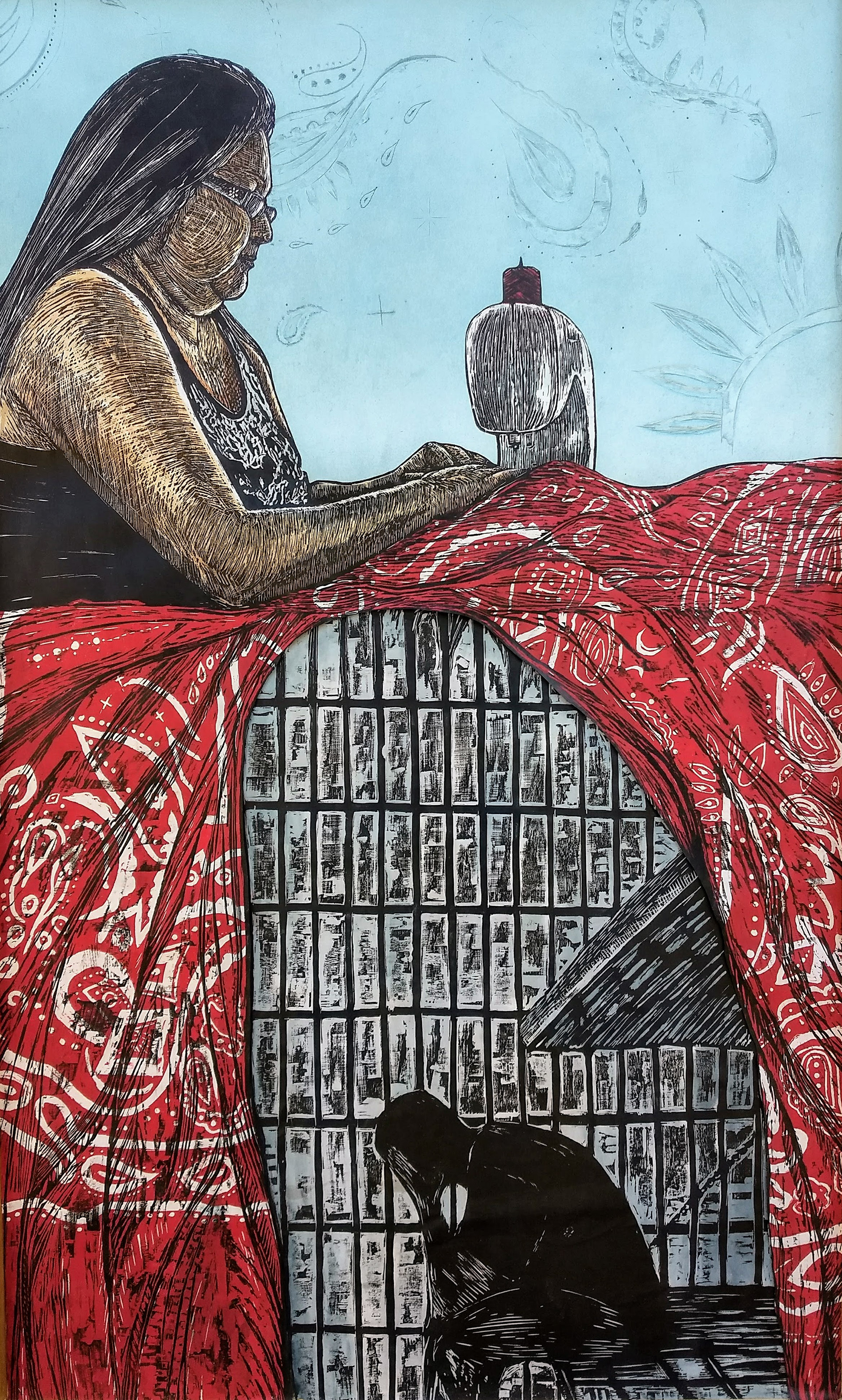 Sewing/Mending, 2013 woodcut 60" x 37"