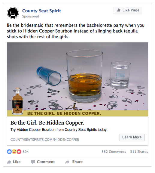 Livings on Facebook. Caption reads: "Be the bridesmaid that remembers the bachelorette party when you stick to Hidden Copper Bourbon instead of slinging back tequila shots with the rest of the girls."